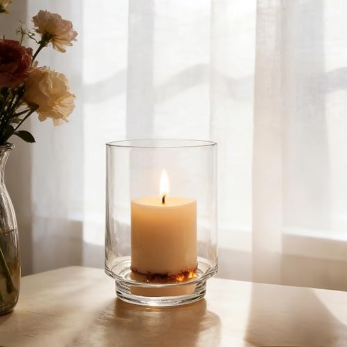 6" Wide Clear Glass Hurricane Candle Holder with Pedestal, Footed Decorative Vase for Pillar Candles, Cylinder Candleholder, Clear Glass Vase, for Mantels, Tabletops, Centerpieces, Entryways, Shelves