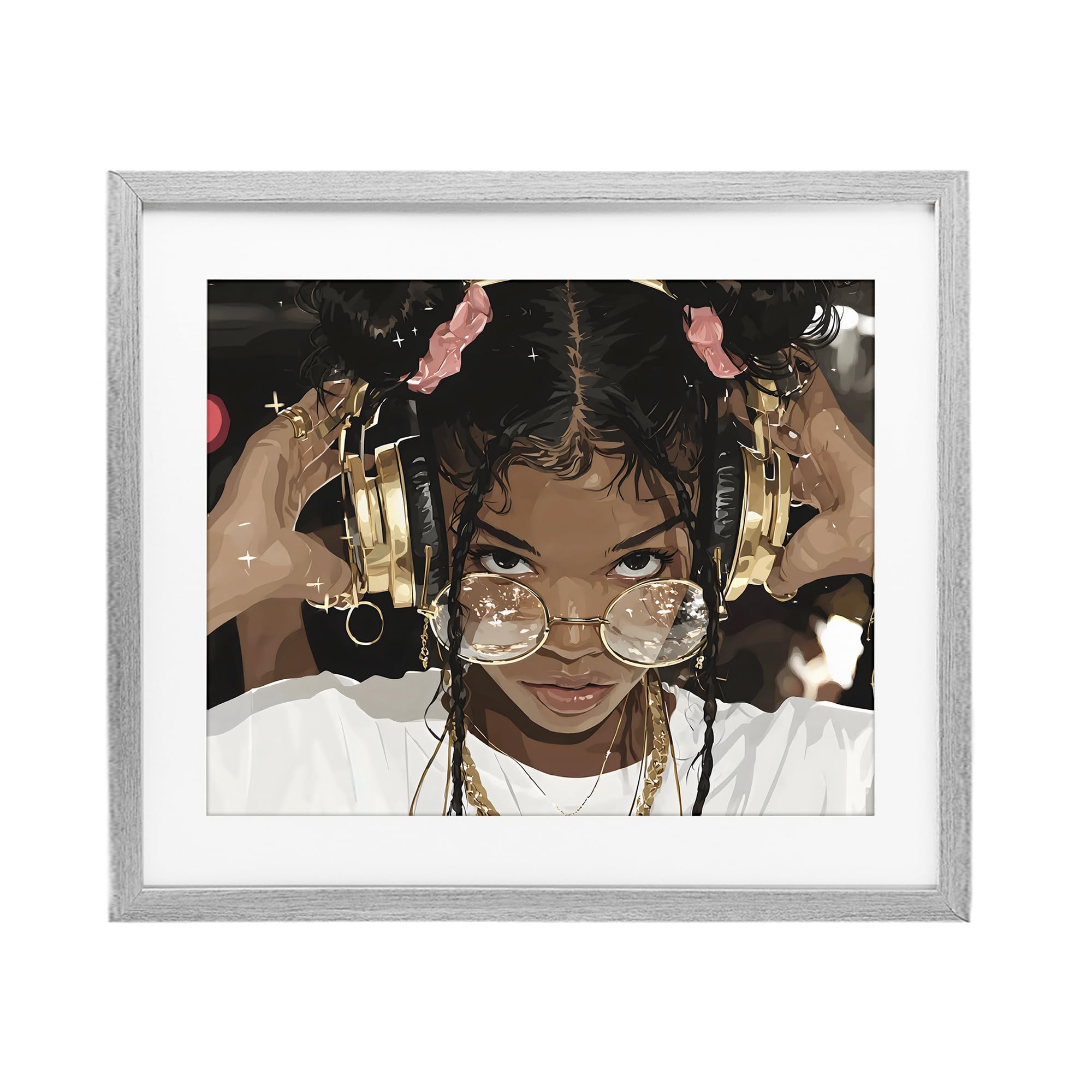 Affiche encadrée « Trendy Girl with Gold Headphones, 43,2 x 53,3 cm » sous