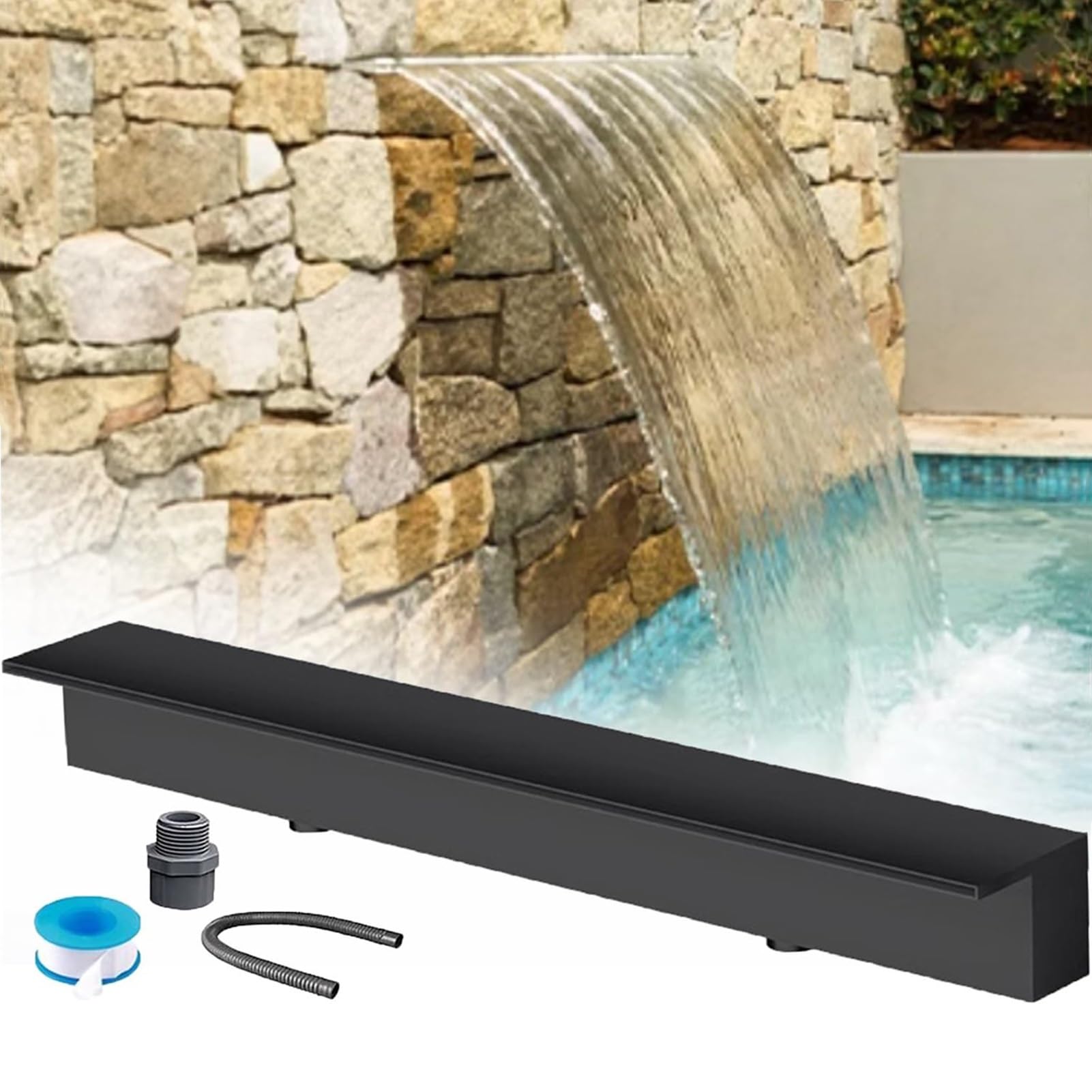 Wasserfontänen-Kit, Moderne Wasserfallfunktion aus Edelstahl für Garten-, Außen- und Schwimmbäder, wandeingebettetes Überlaufdesign (7.8 inches)