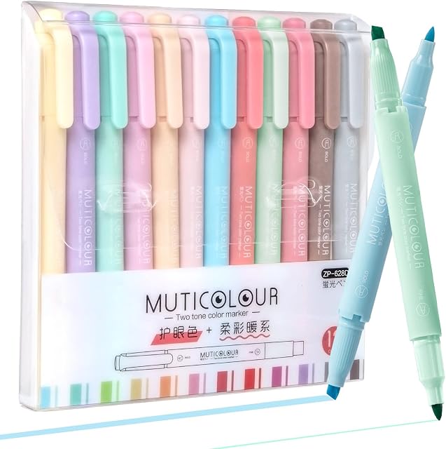 Highlighters, 12 Aesthetic Highlighter With Dual Tip, Cute Pastel Highlighters Pens, Mild Assorted Colours, No Bleed Dry Fast Easy to Hold, for Bullet Journal, Bible, Notes, School Supplies