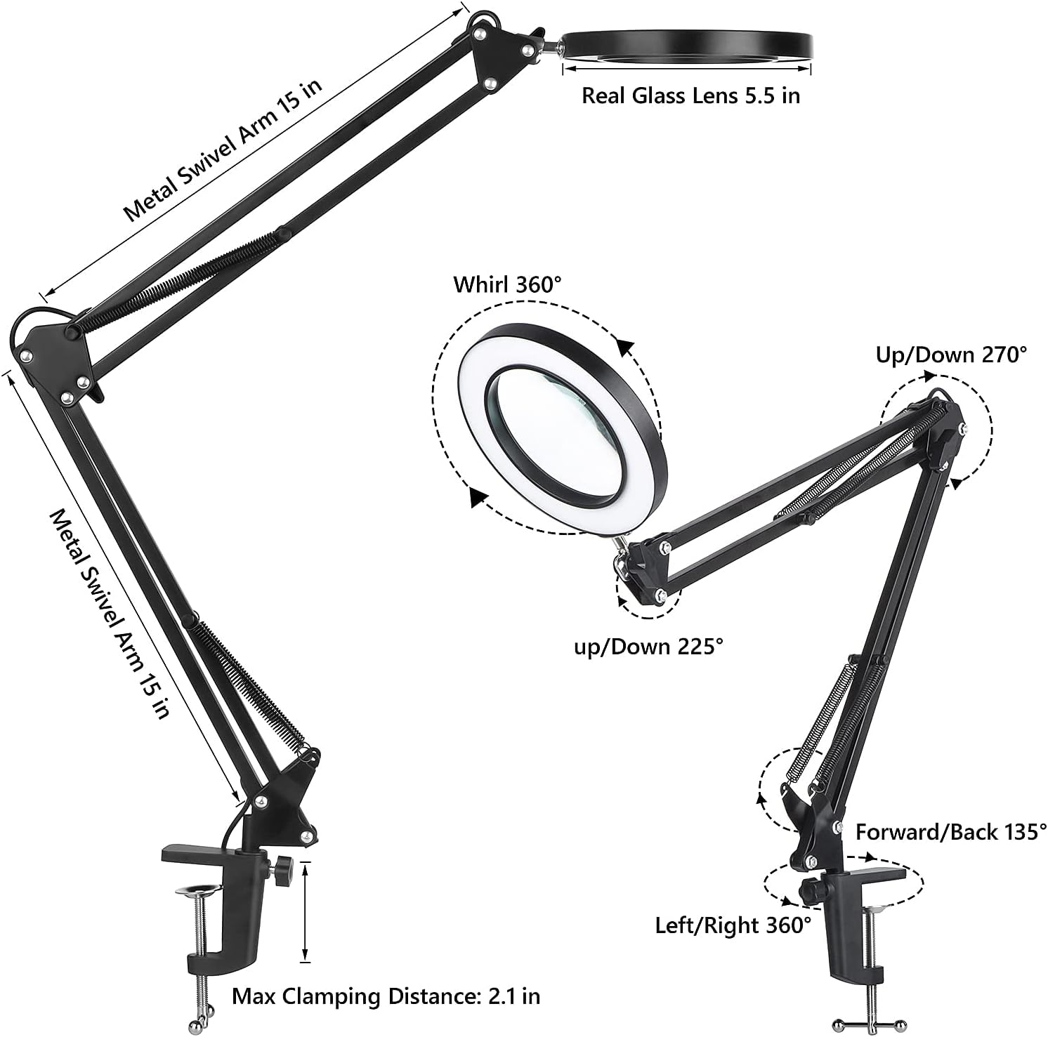 10 x szkło powiększające ze światłem LED 5,5 cala, prawdziwe szkło, oświetlenie, profesjonalna lampa biurkowa do domu, biura, 2 sekcje Cantilever Structure LED Table lamp with Touch Control