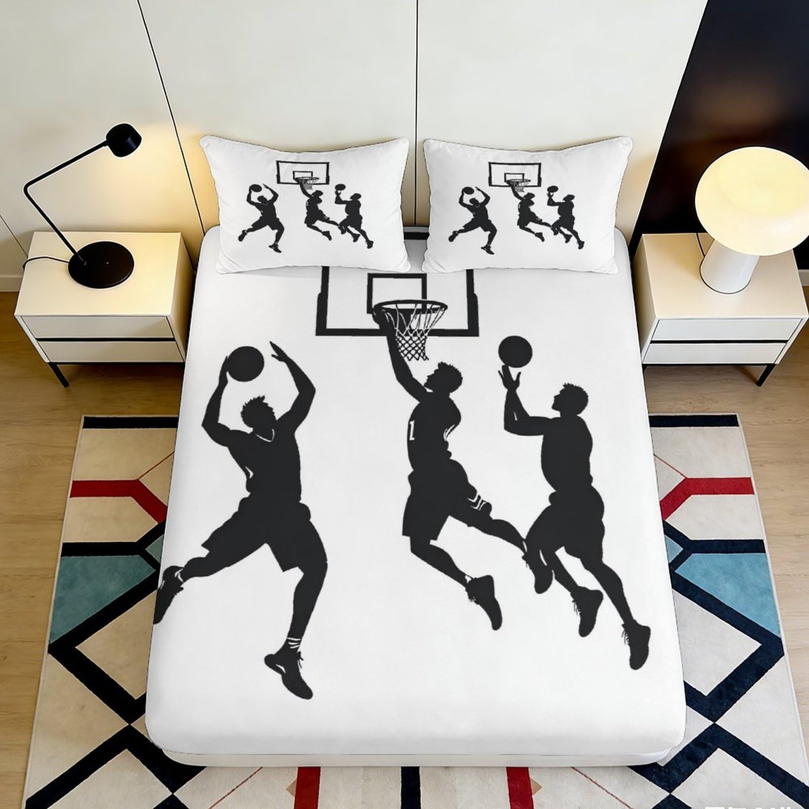 3D Printed Basketball Theme Fitted Sheet Microfiber Deep Pocket Bedroom Bedding Basketball Mattress Fitted Cover Non-Slip Washable for Adults Youth 90x200x25cm