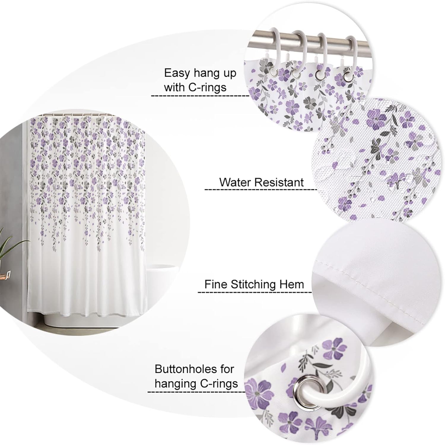 Romantic Floral Shower Curtain, Purple and Gray Draping Flower Waterproof Washable Shower Curtains Set for Bathroom Bathtubs Decor Set, 66" Wx72 L with Hooks