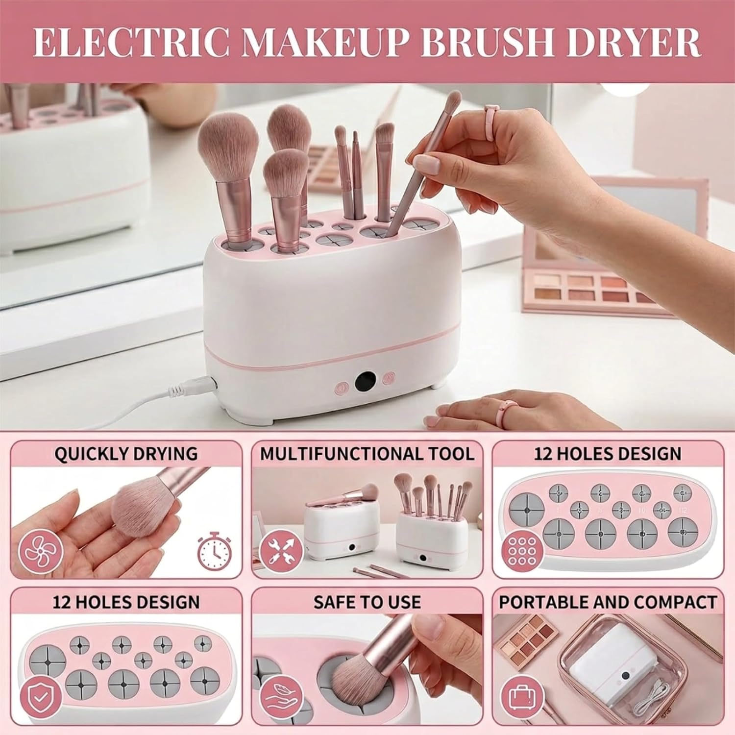 Electric Makeup Brush Dryer Machine 12 Holes Automatic Brush Cleaner and Drying Tool for Professional Salon and Home Use Quickly Drying Cosmetic Brush Cleaner Dryer