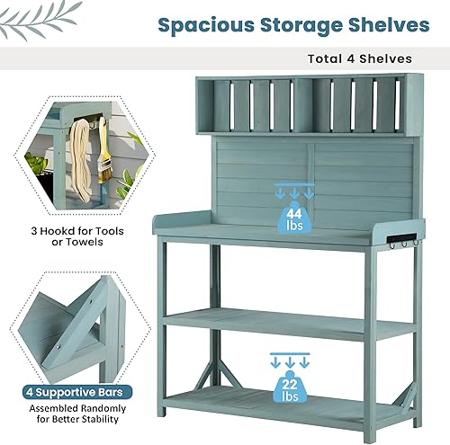 Miniatura 5 de CITYLIGHT Banco grande para macetas de jardín de 65 pulgadas con 4 estantes de almacenamiento espaciosos y gancho lateral para patios del hogar,