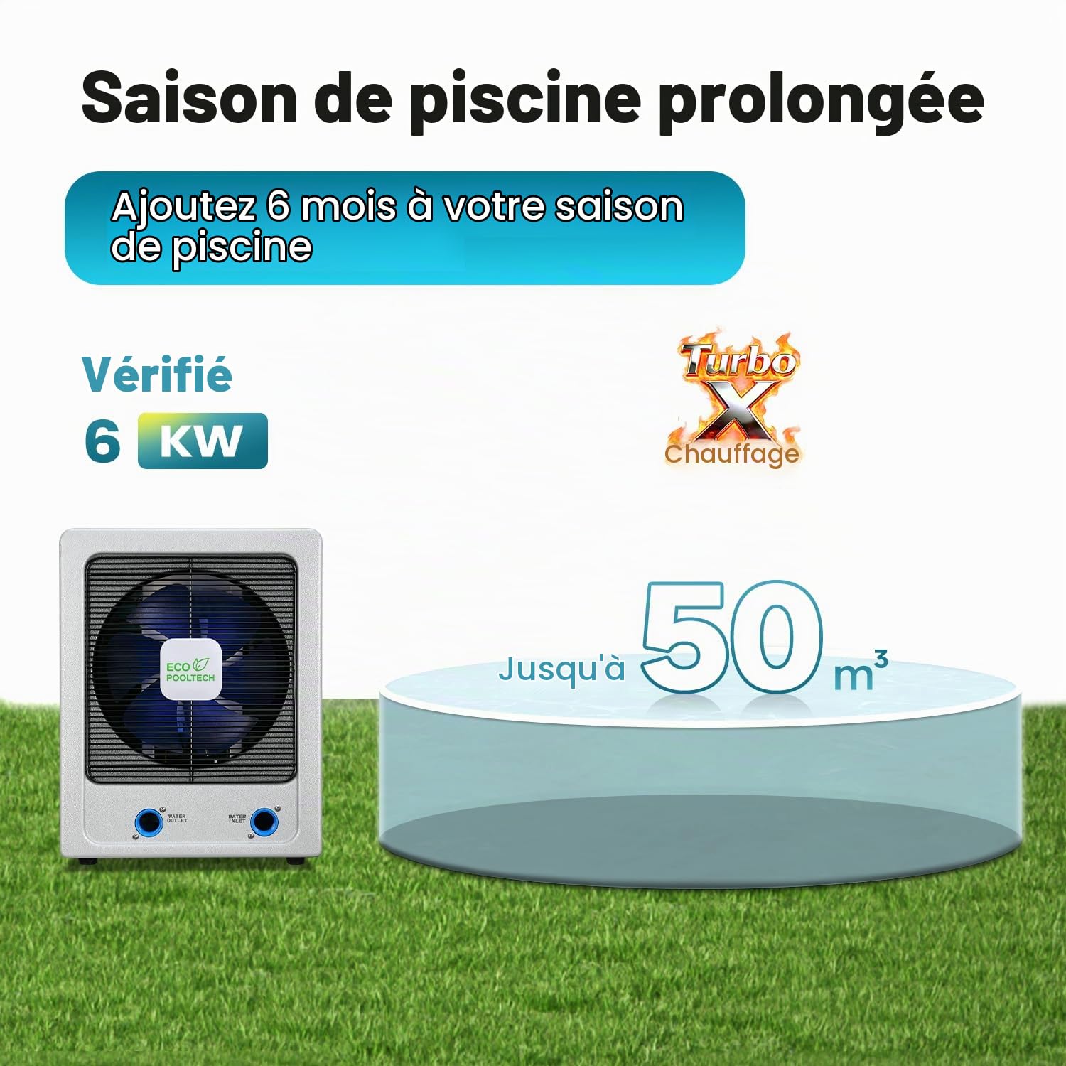 ECOPOOLTECH Pompe à chaleur inverter pour piscine 6 kW pour les piscines jusqu'à 50 m³ | Échangeur de chaleur en titane, compresseur Turbo-X et eau salée pour le chauffage des piscines compatibles.