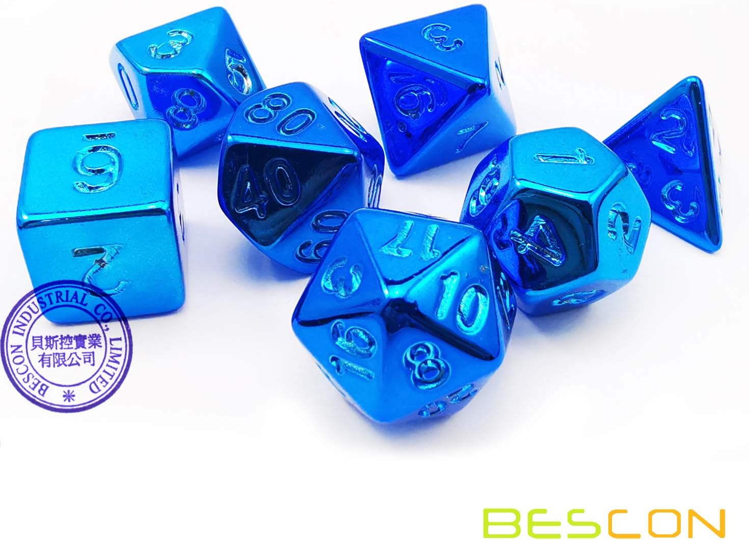 Bescon Unpainted Raw Plating Polyhedral Dice Set of Glossy Blue, RPG Dice Set of 7