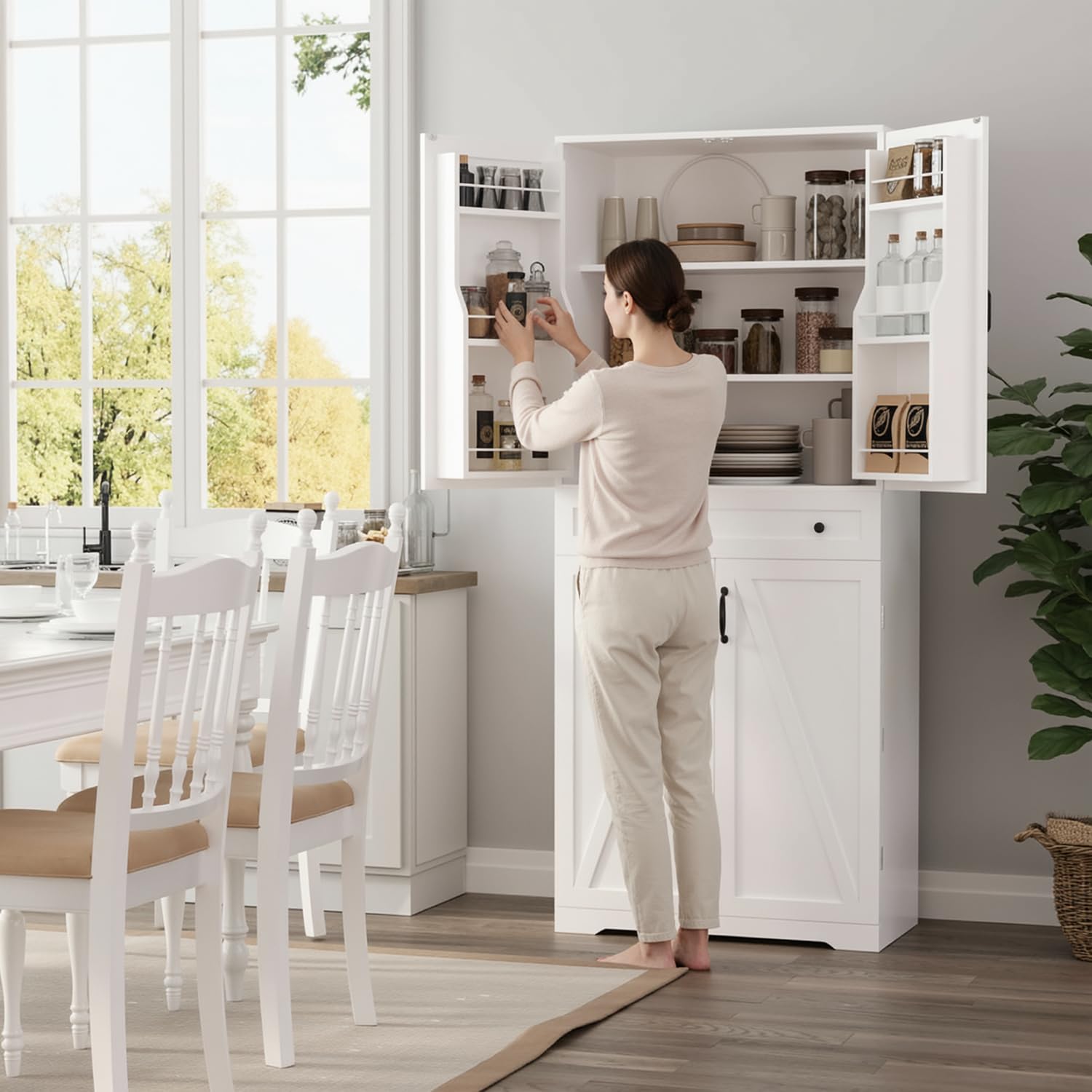 VOWNER Mueble Auxiliar de Cocina, Armario Aparador, Alacena de Despensa, 183H x 76L x 40W cm, Mueble Cocina, con 12 Estantes Laterales en la Puerta y 4 Baldas Ajustables (Blanco)