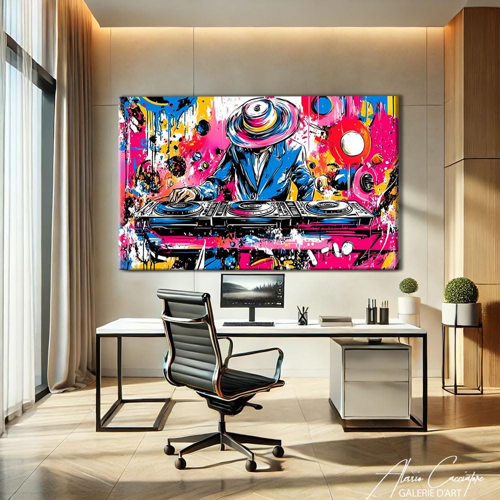 Alessio Cacciatore Quadro Street Art Pop Culture - Decorazione da parete per soggiorno, musica, tela Dj - Quadro Pop Art con cornice Xxl - decorazione da parete per camera da letto - idea regalo Dj
