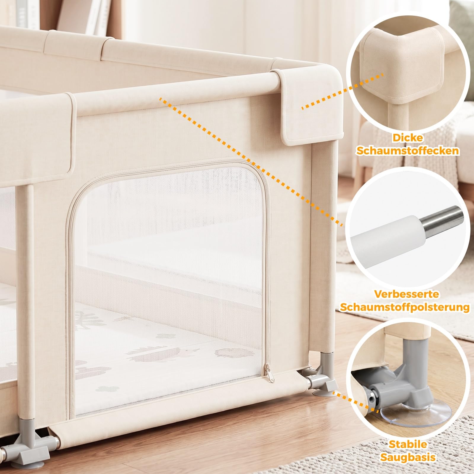 Beige Laufstall Baby mit Matratze - 150×150cm Laufgitter Baby mit Atmungsaktivem Netz und Rutschfeste Saugnäpfe, Laufstall xxl mit und 4 Zugringen