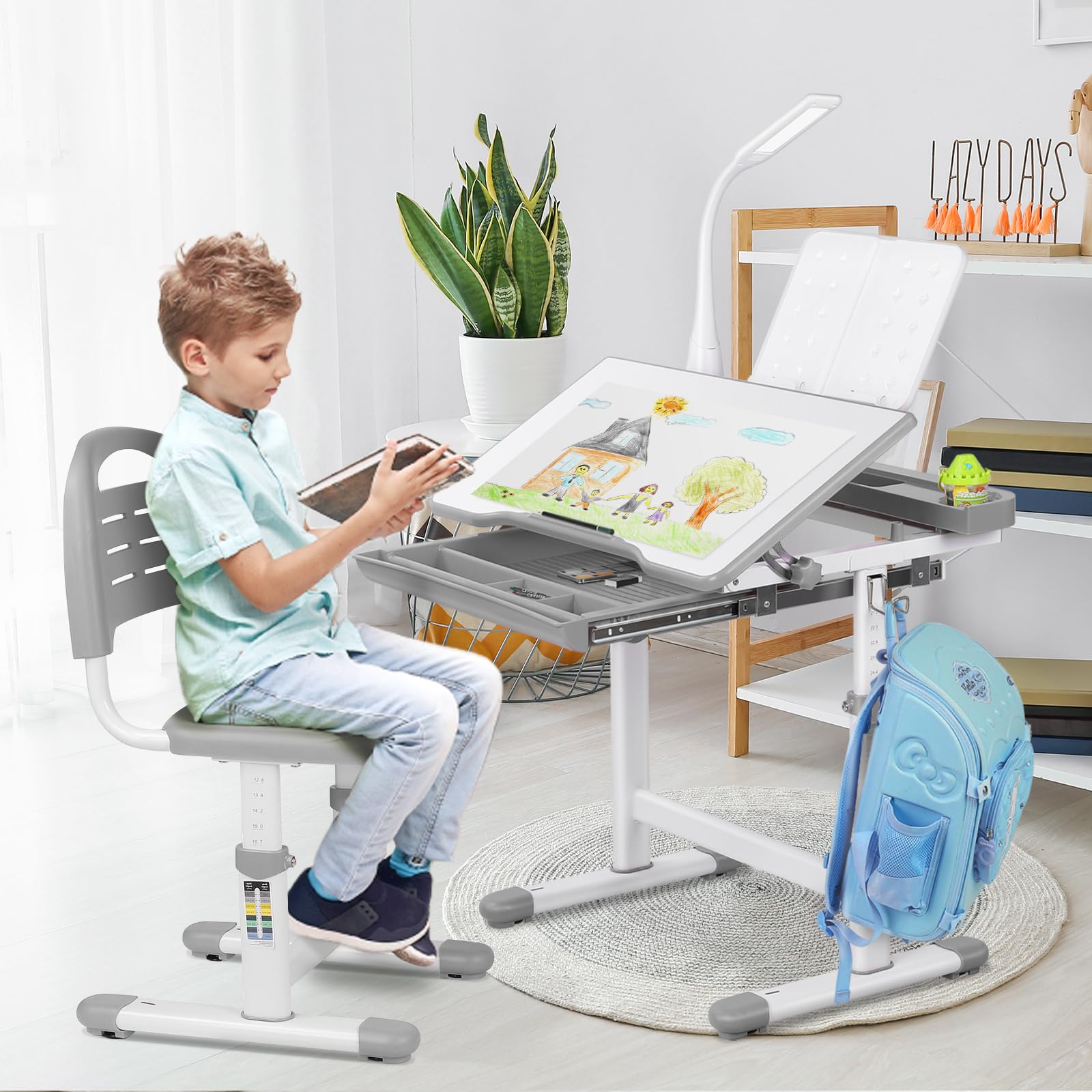 MAMIZO Kinderschreibtisch und Stuhl Set, Höhenverstellbarer Kinder Schreibtisch und Stuhl Set, Schülerschreibtisch, Jugendschreibtisch Multifunktionaler, Lampe und LesestäNder (Grau)