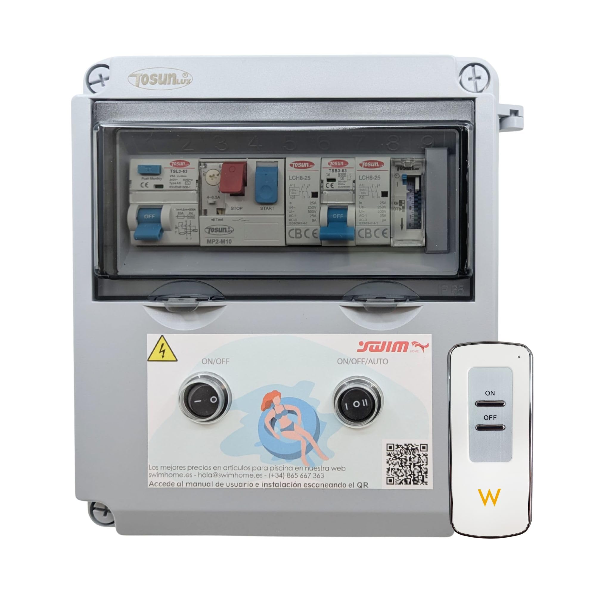 SWIMHOME Cuadro Eléctrico para Piscina Iluminación y Motor | Guardamotor y Transformador | Controlador On/Off | 50W 12AC | Contactor para Motor y Clorador | Bomba de Agua 1CV 4-6.3A