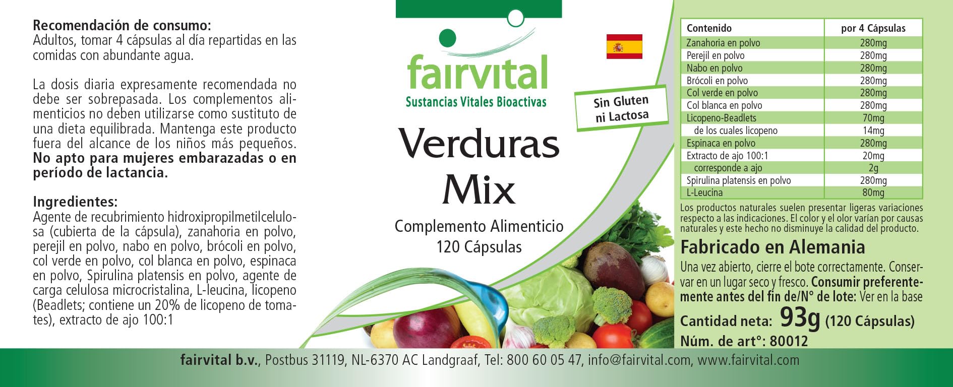 Fairvital | Verdure Pur - 1 mese - VEGAN - alto dosaggio - 120 capsule - 10 varietà di verdure