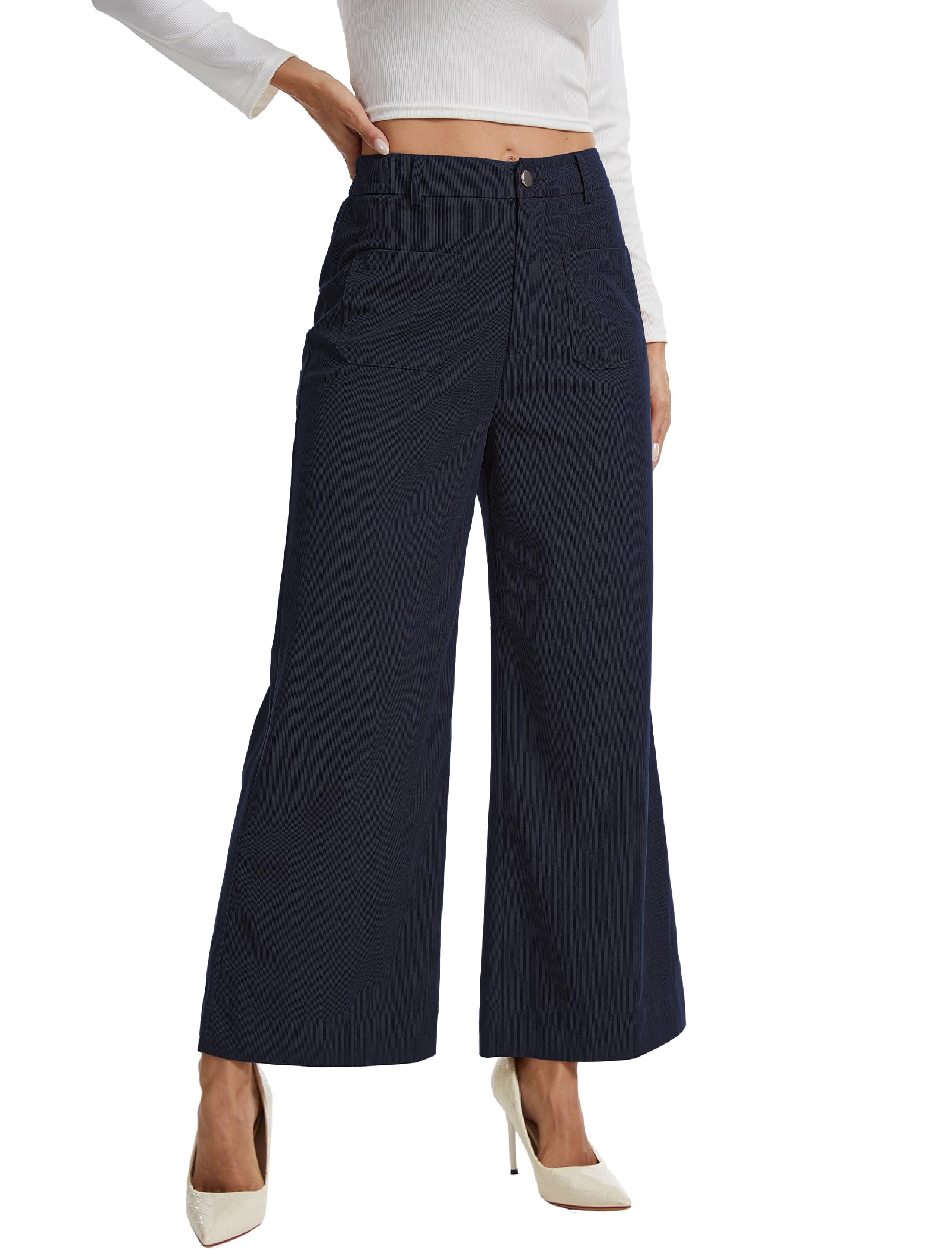 Corduroy Wide Leg Pants Casual High Waisted Elastic Trousers Dress Pants for Women with Pockets Fall Winter