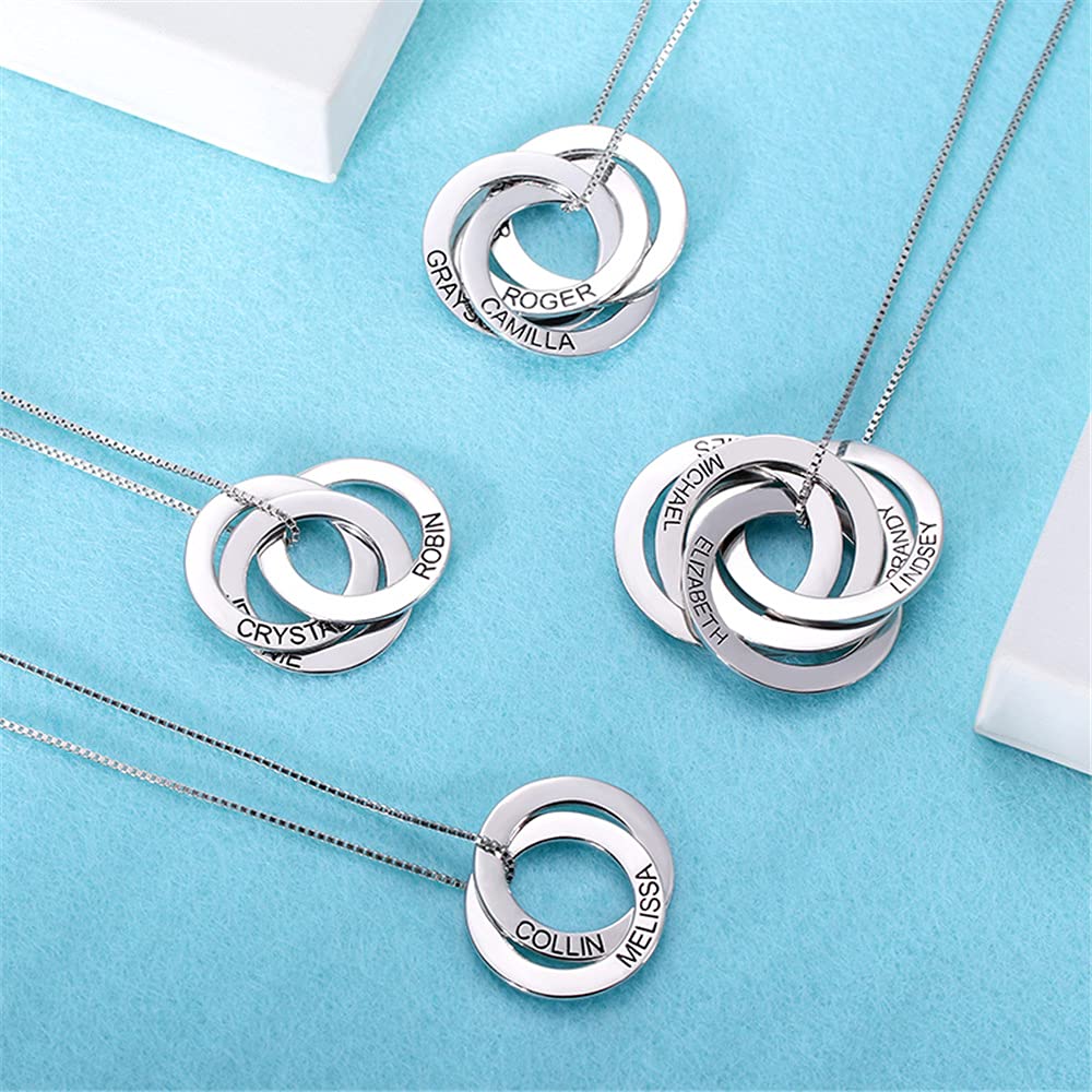 U/D Personalisierte russische Ring Halskette mit 2-5 Namengravuren 925 Sterling Silber Anhänger gravierte Familie Halskette Geschenk für Frauen Mama