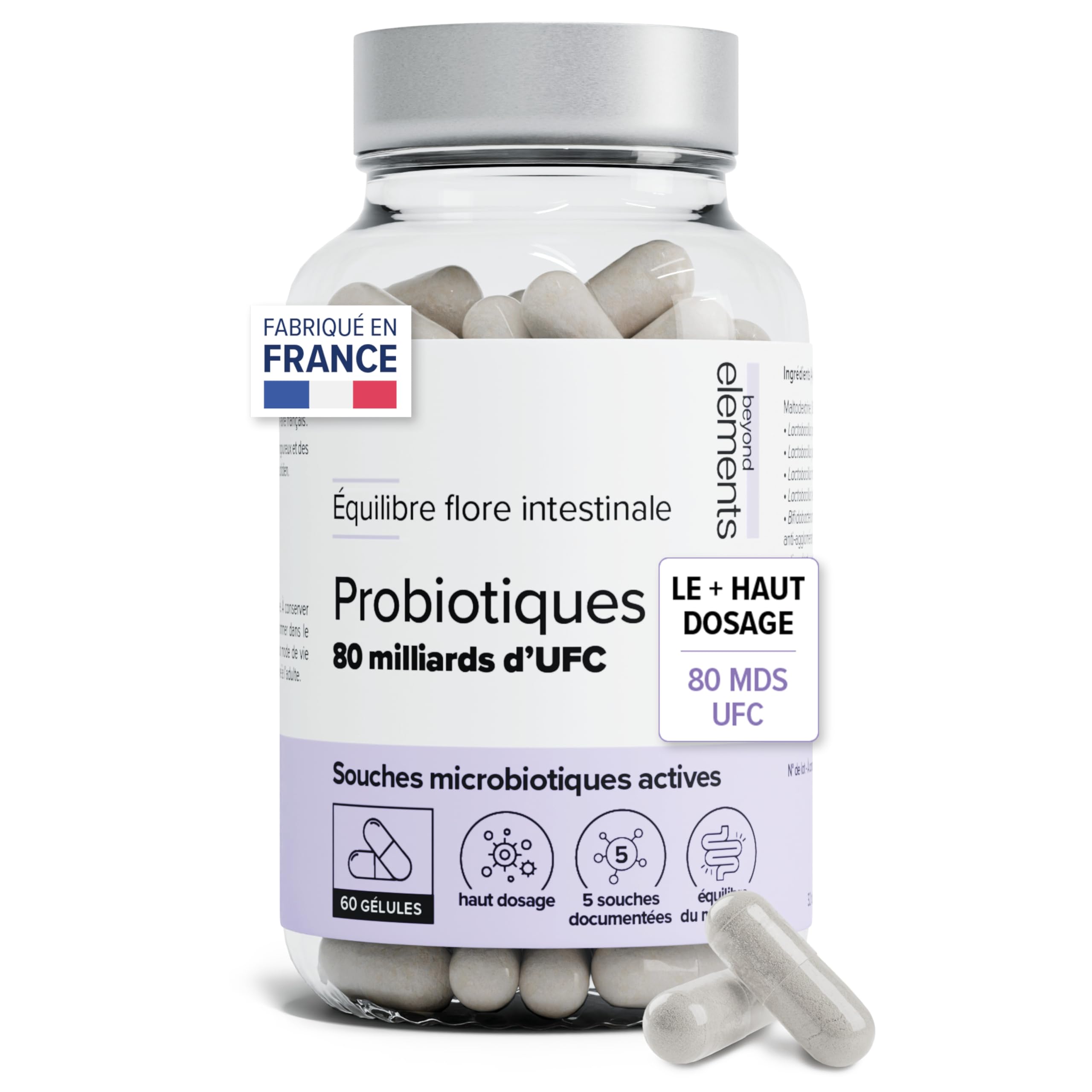 Probiotique Flore Intestinale – 80 Milliards d’UFC/jour – Souches Probiotiques Actives – Flore Intestinale & Immunité – Complexe Multi-Souches – 60 Gélules Vegan – Beyond Elements