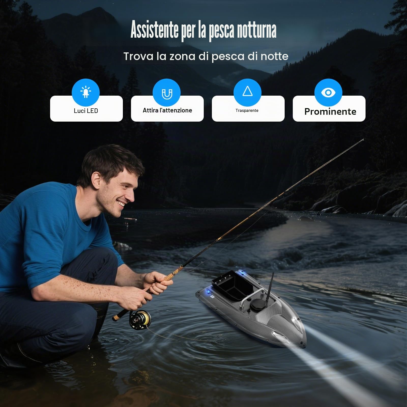 Barchetta di alimentazione con luce LED, 500 m, barca esca per pesca, controllo di crociera, capacità di carico di 1,5 kg, barca per alimentazione con barca esca per gli appassionati di pesca