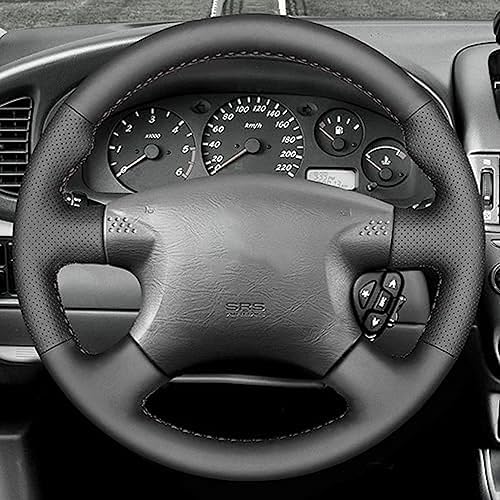 Funda de cuero negro para volante de coche para Nissan Almera (N16) X-Trail (T30) Terrano 2 Cubierta de volante de coche cosida a mano