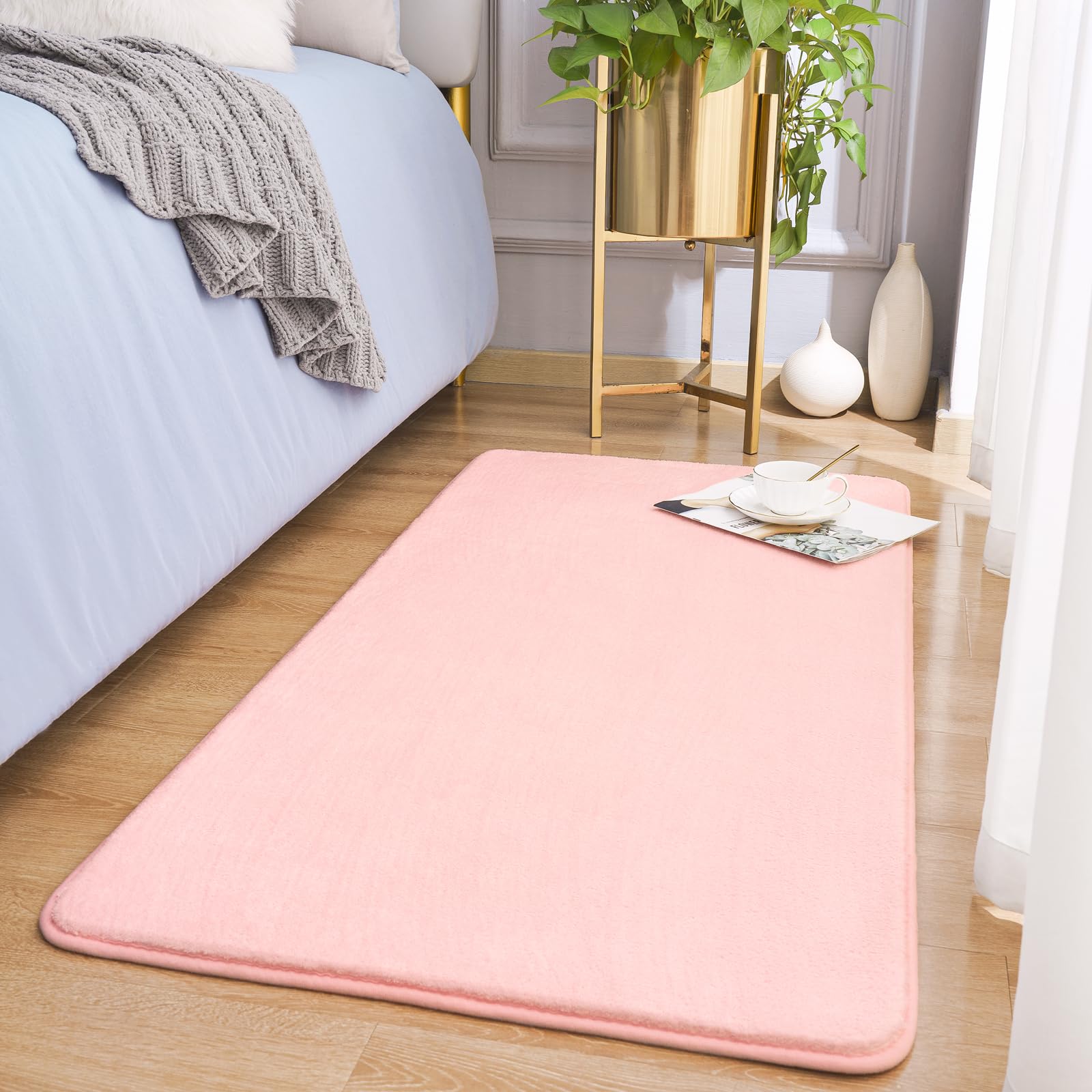 Amearea Modern Washable Runner Rugs, 2x4 Feet Pink Bedroom Runner Rug, Small Area Rugs for Bedroom Living Room, Non Slip Memory Foam Rug for Hallway