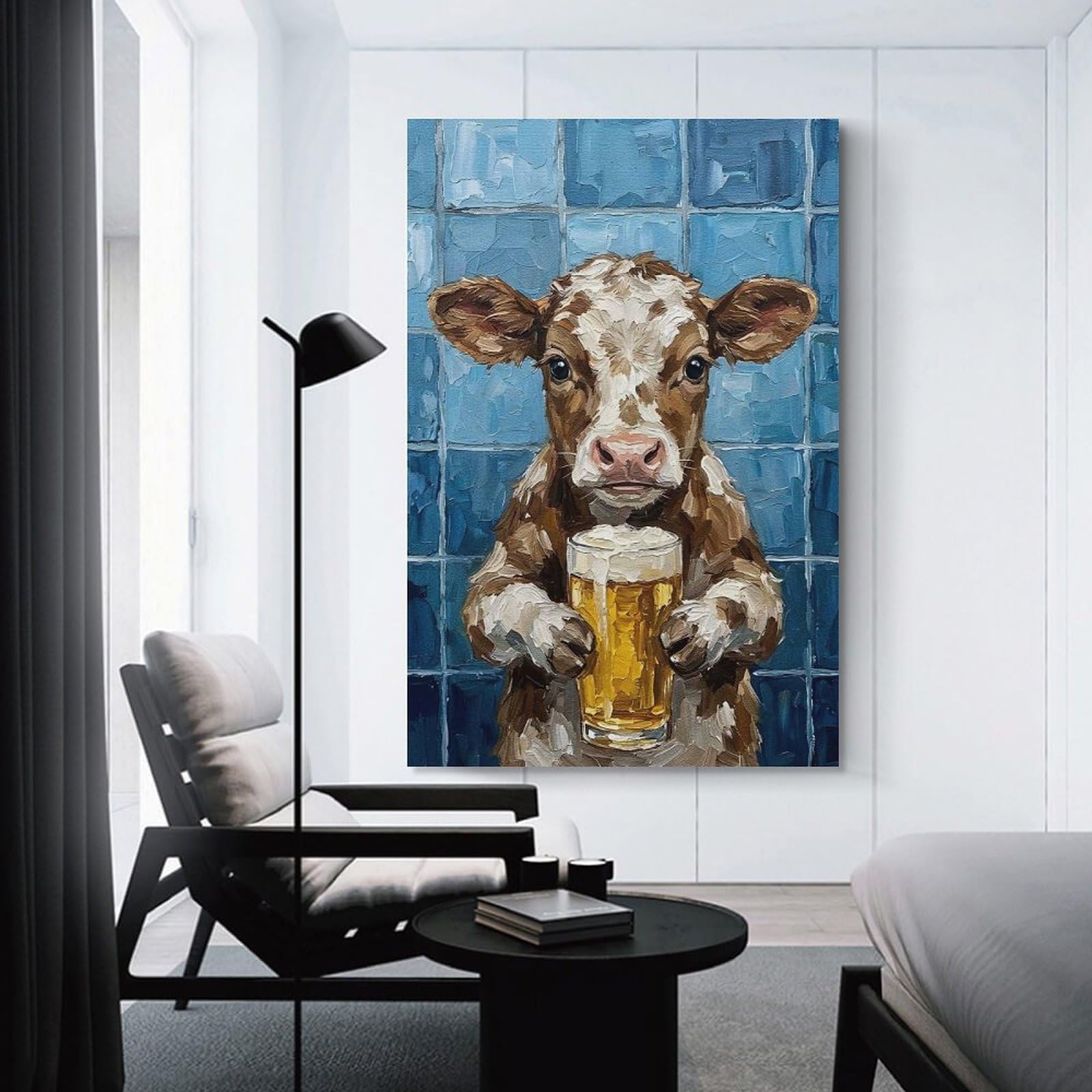 Junmoney Cow Holding Beer Painting Home Decor Wall Art 24x36inch(60x90cm), for Gallery Wall Layouts in Home Or Office, A Versatile Canvas Print for Layering
