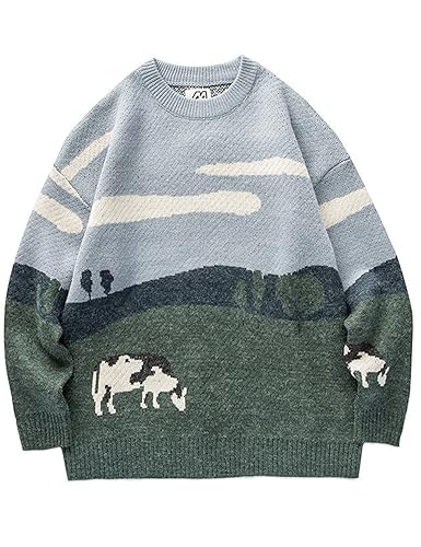 Men's Cows Sweaters Pullover Oversize Vintage Casual Loose Fit Knitted Fall Winter Sweater Tops - Grey - Medium