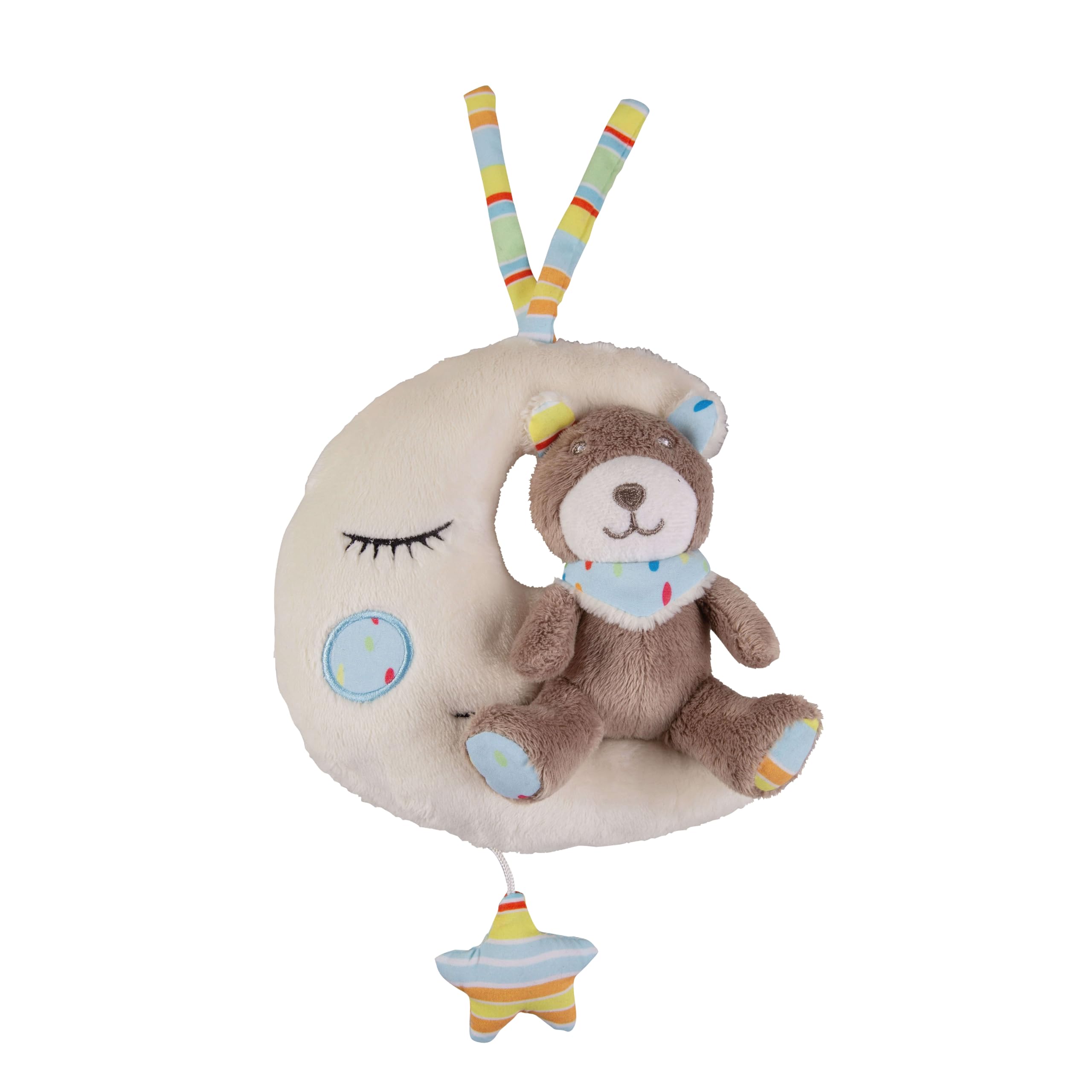 babynova Teddy Bear with Moon Sleep Aid for Babies - Musical Toy with Melody Brahms Lullaby, no Battery Needed - Easy Attachment to Baby Bed or Pram - Baby Essentials for Newborn from 0 Months