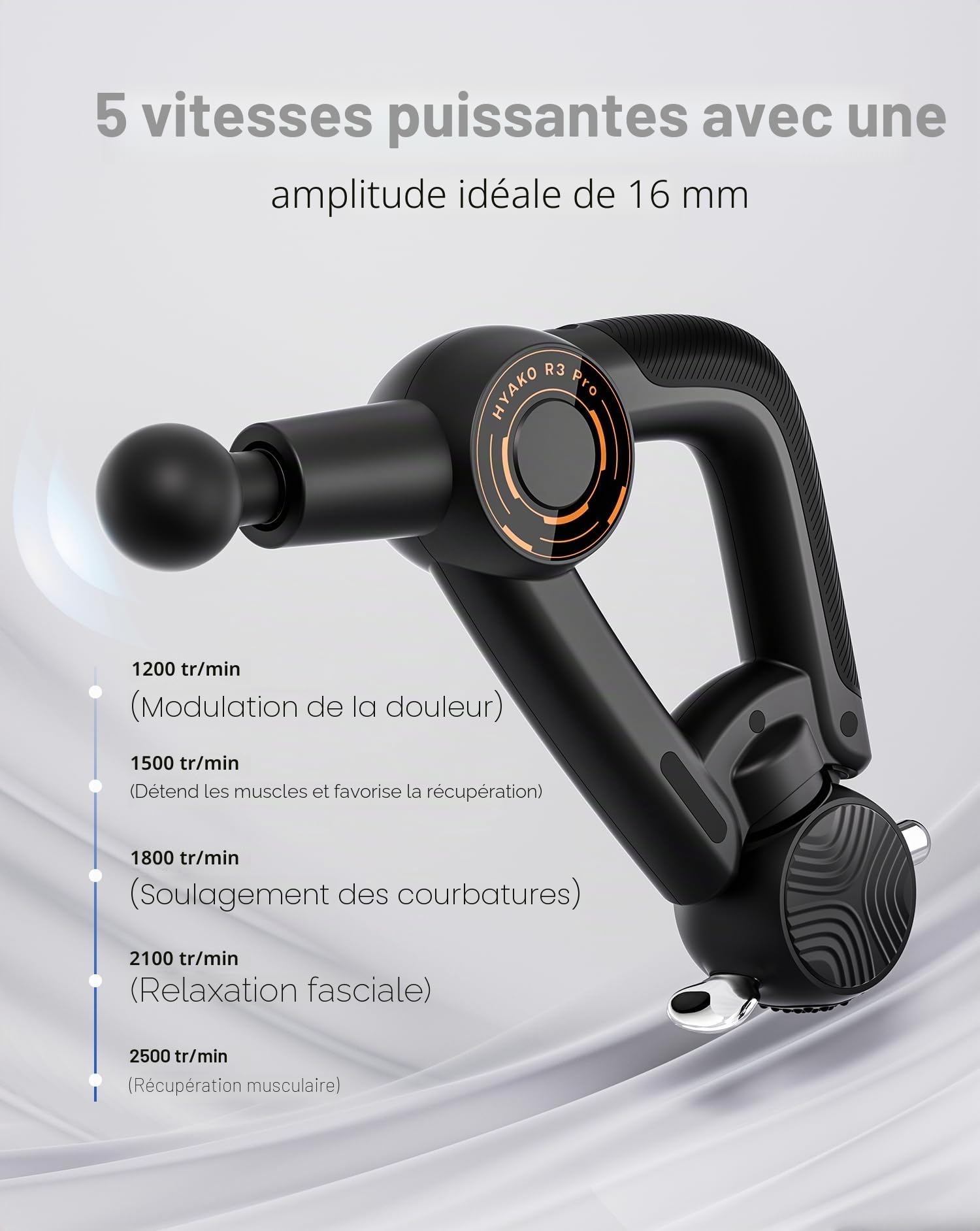 HYAKO R3 Pro Pistolet de massage 3 en 1 Amplitude 16 mm + Appareil de massage vibratoire à haute fréquence – Pistolet de massage musculaire des tissus profonds, soulage les douleurs musculaires et