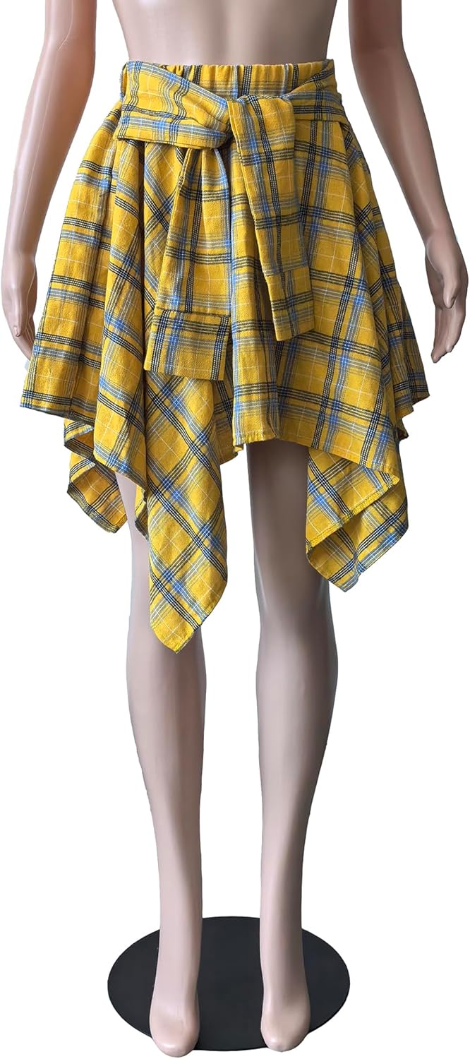 Womens Plaid Skirts Elastic High Waist Tie Front Asymmetrical Hem Pleated Mini Skirt - Image 3
