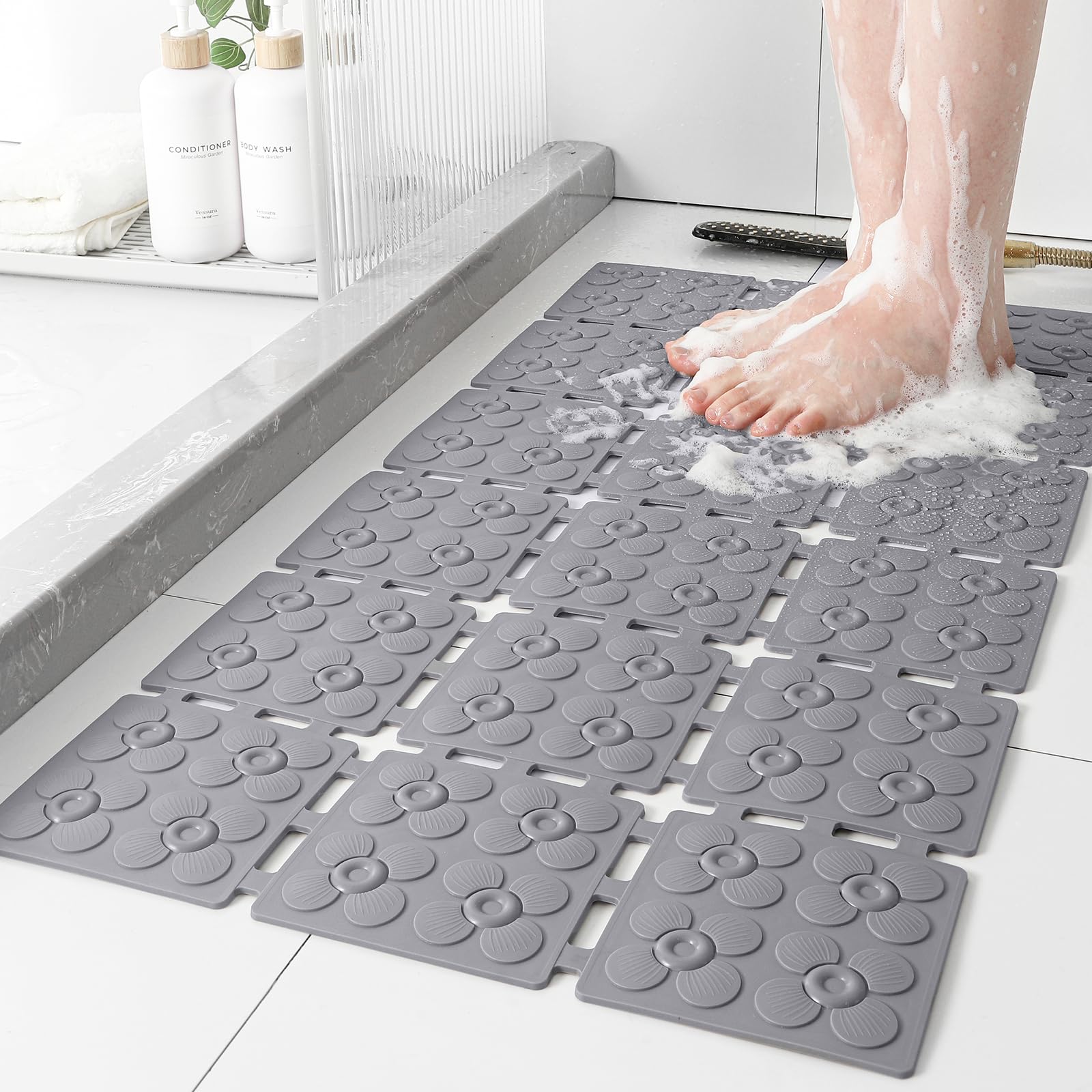 XIYUNTE Shower Mat Non Slip Anti Mould for Elderly - 80x40cm Non Slip Shower Mats for Inside Shower, Soft Anti Slip Bath Mat with Powerful Suction Cups, Cut-to-Fit Bathtub Mat, Machine Washable, Grey