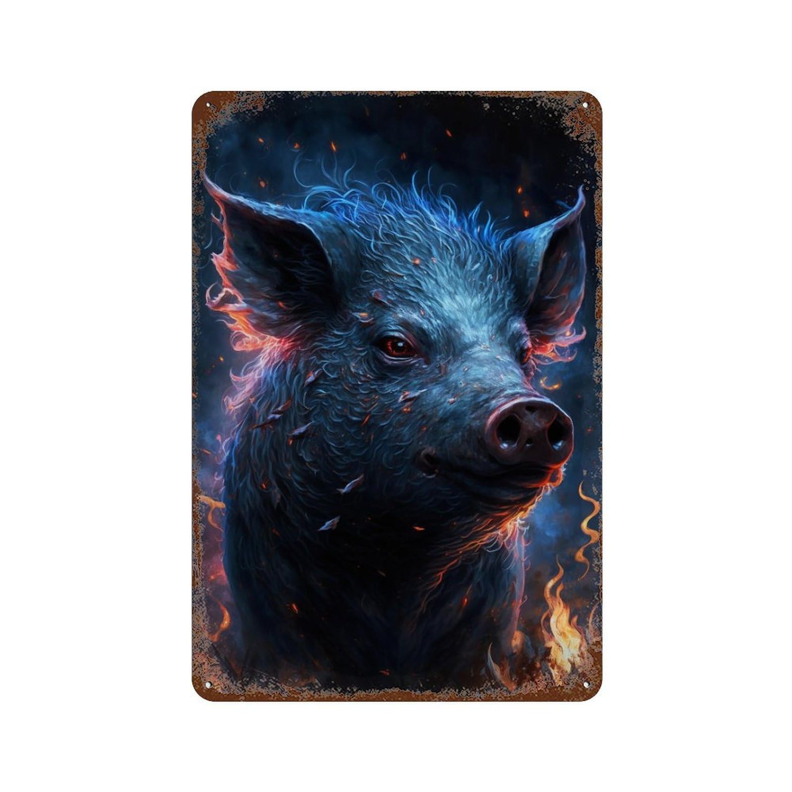 Rust Effect Flaming Pig Art Print Vintage Metal Tin Sign 11.8"x7.9", Farmhouse Wall Decor for Garage, Bar And Workshop Decor
