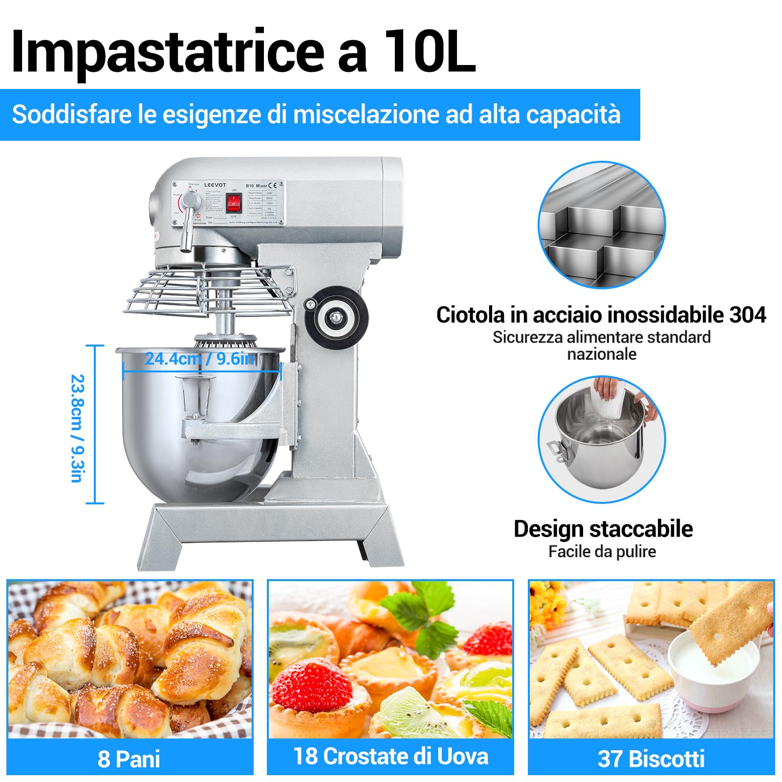 LEEVOT Impastatrice planetaria commerciale da 10L, impastatrice commerciale regolabile a 2 velocità da 500 W, impastatrice elettrica verticale per impieghi gravosi con vasca in acciaio inox per cucin