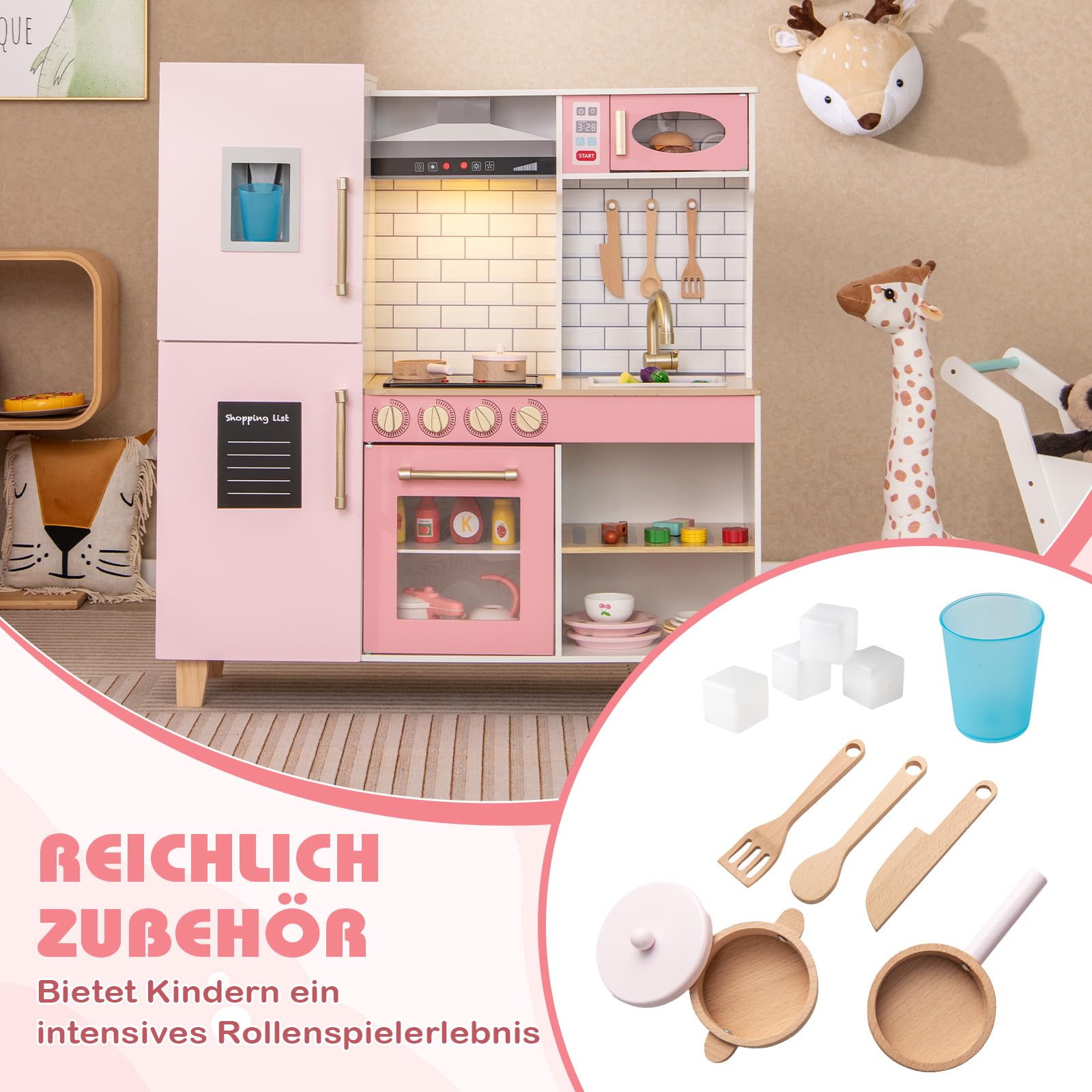 DREAMADE Kinderküche Holz mit 10 TLG. Zubehör, Holzküche Kinder Küche mit Herd Dunstabzugshaube Eismaschine Ofen, Spielküche mit Licht und Sound für Kinder ab 3 Jahren (Rosa)