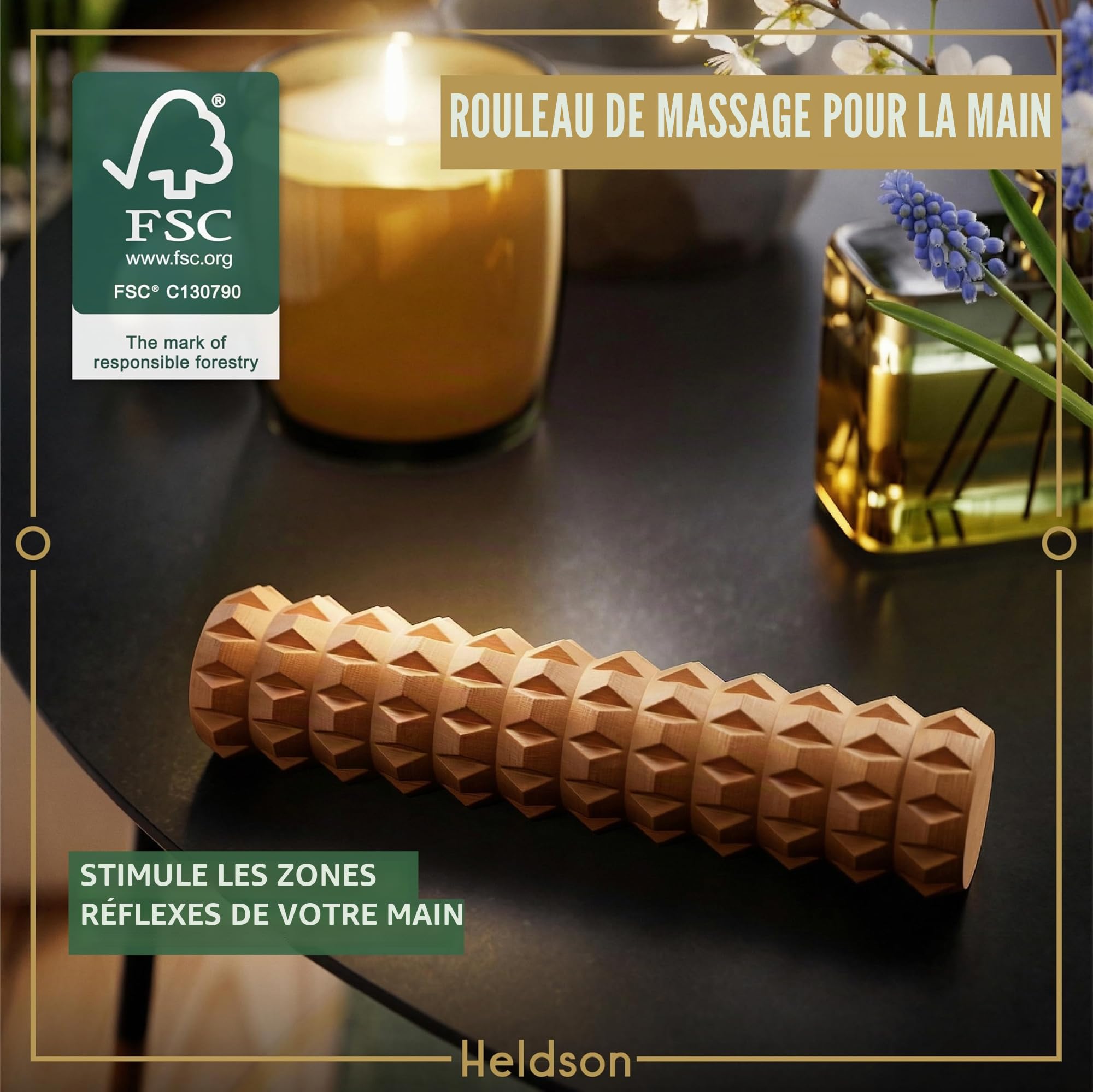 HELDSON® Kit de massage en bois de qualité supérieure [6 pièces] FSC® 100% – Outils pour massage des pieds et de la tête – Bouton de déclenchement