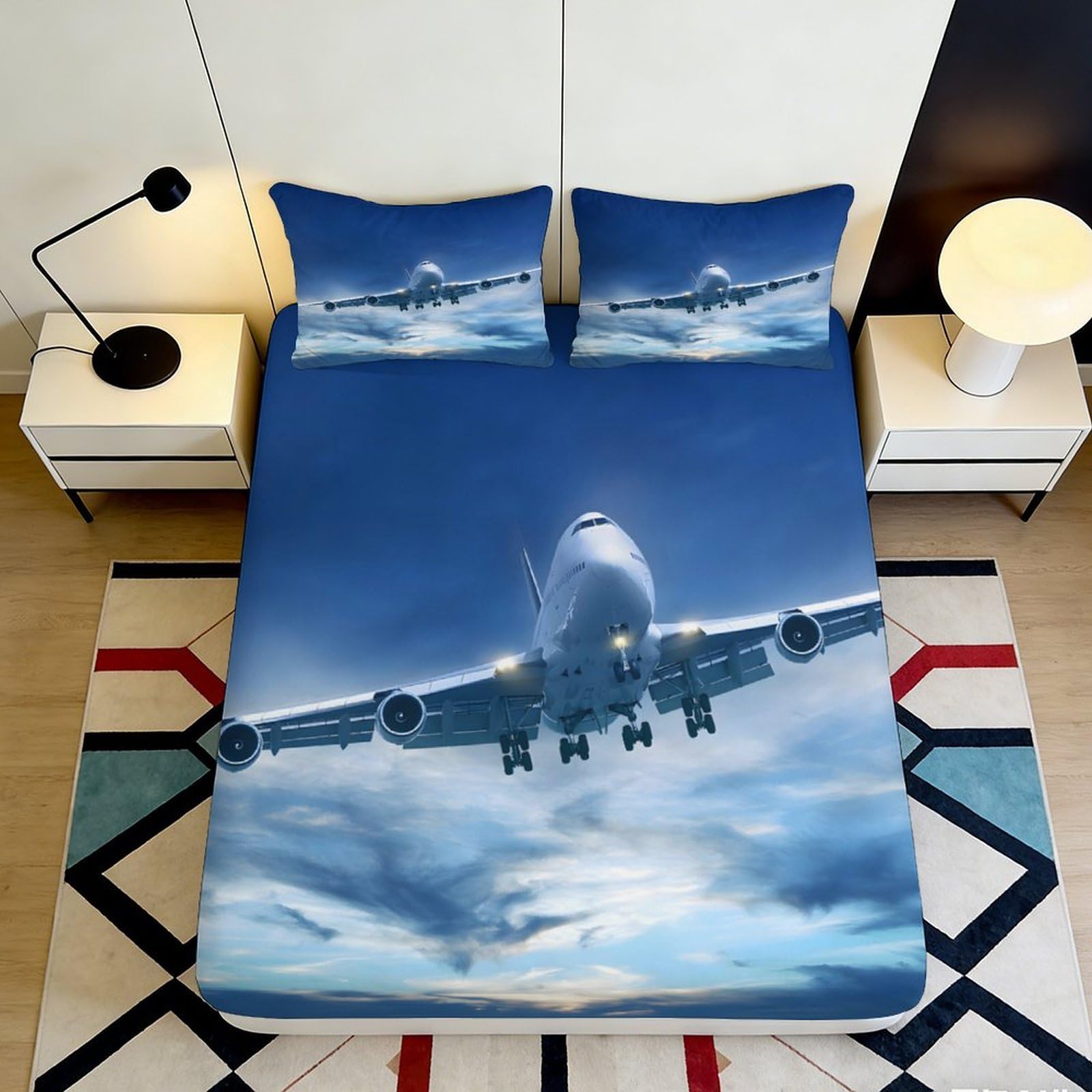 3D Printed Airplane Sky Fitted Sheet Microfiber Soft Breathable Cloud Flight Bed Cover for Bedroom Guest Room Decor 90x200x25cm