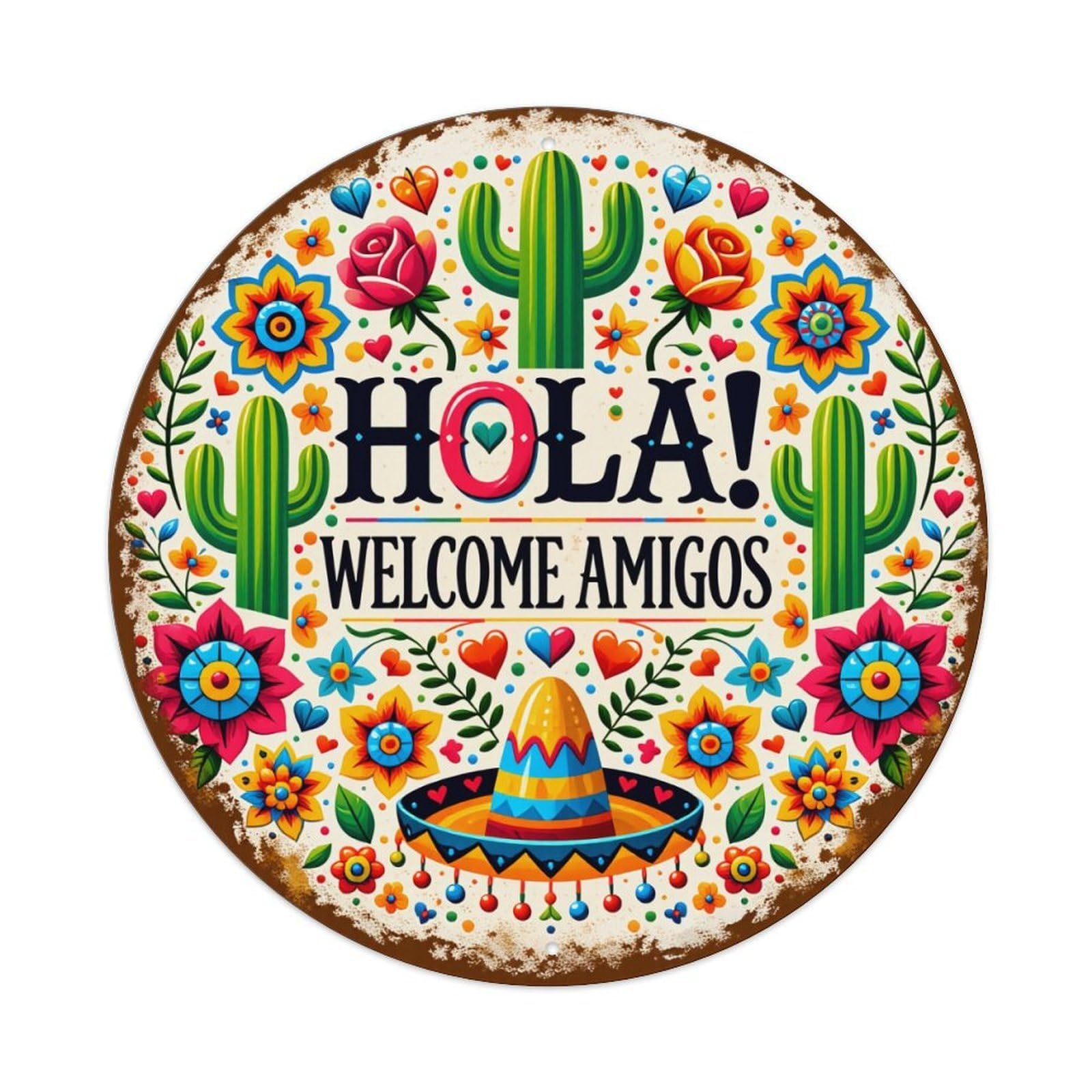 Colorful Mexican Folk Art Design Round Tin Sign Vintage Metal Poster, Home Bar Garage Man Cave Cafe Indoor & Outdoor Wall Decoration 8x8Inches