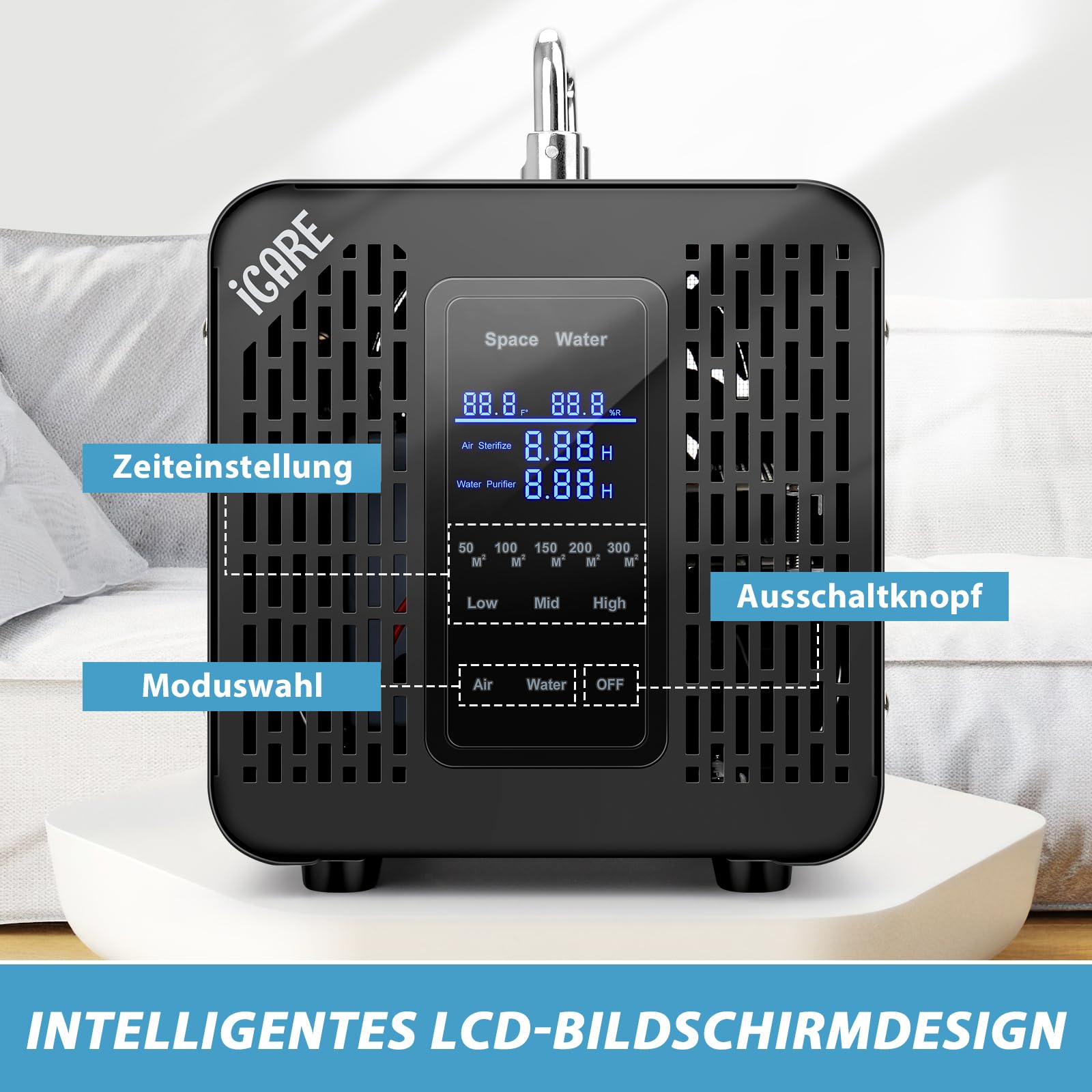 Smart Ozongenerator 60000mg/h Digitaler Ozongenerator für Wasser und Luft | Ozongerät mit 120 Min Timer für 300㎡ Geruchskiller für Auto, Rauch, Haustiergerüche, Küchengerüche Reinigen von Obst Gemüse