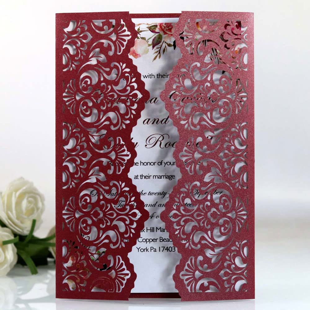 Delicada tarjeta de invitación de boda romántica D Paquete de 50, juego de papel imprimible en blanco y sobres for bodas, fiestas de cumpleaños, fiestas.(Rot,Blank)