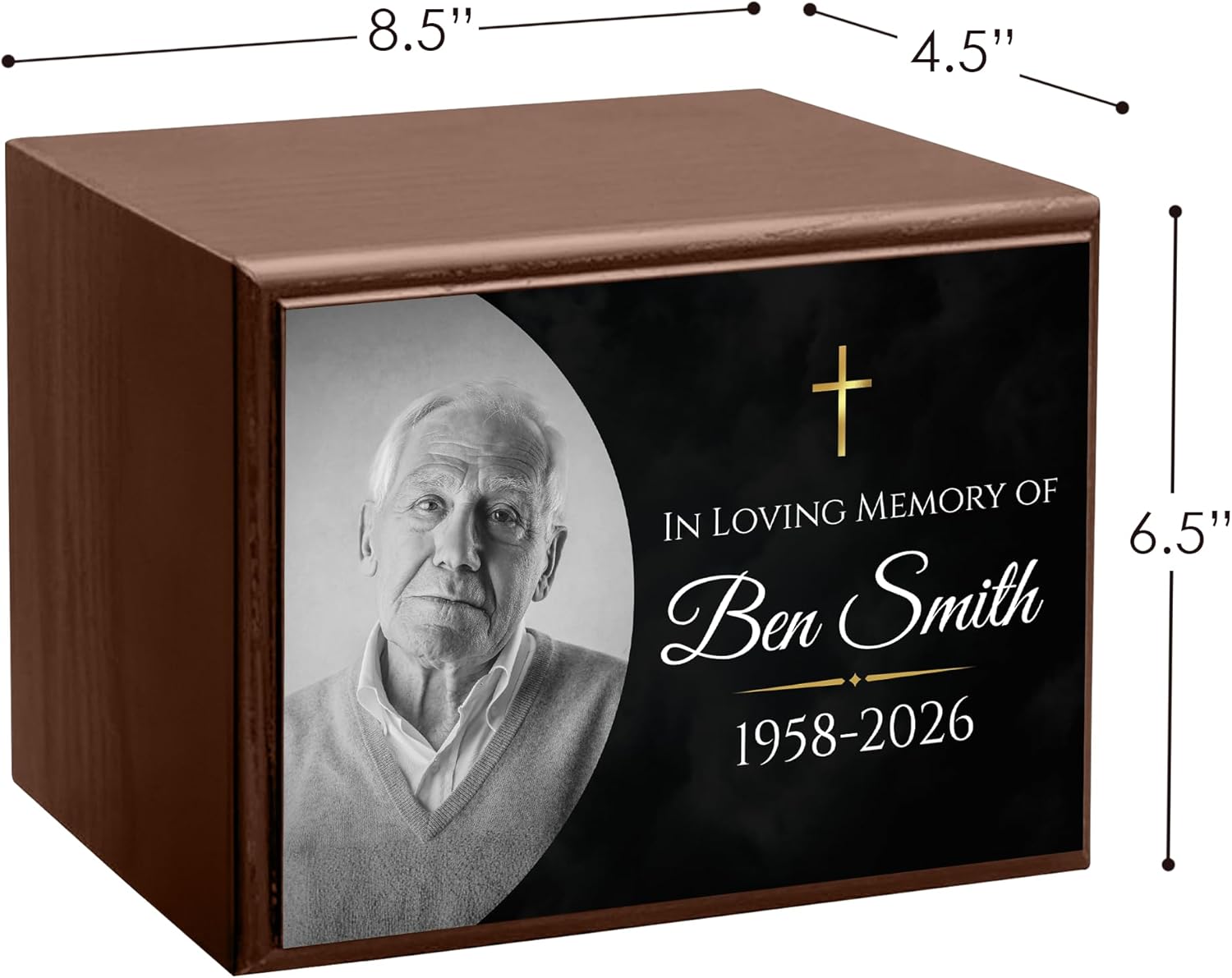 Personalized Wooden Urns for Human Ashes - Custom Cremation Urn for Adult up to 170 lbs - Add Your Photo and Text - Custom Burial Memorial Keepsake, Dark Walnut (Design 8) - Image 5