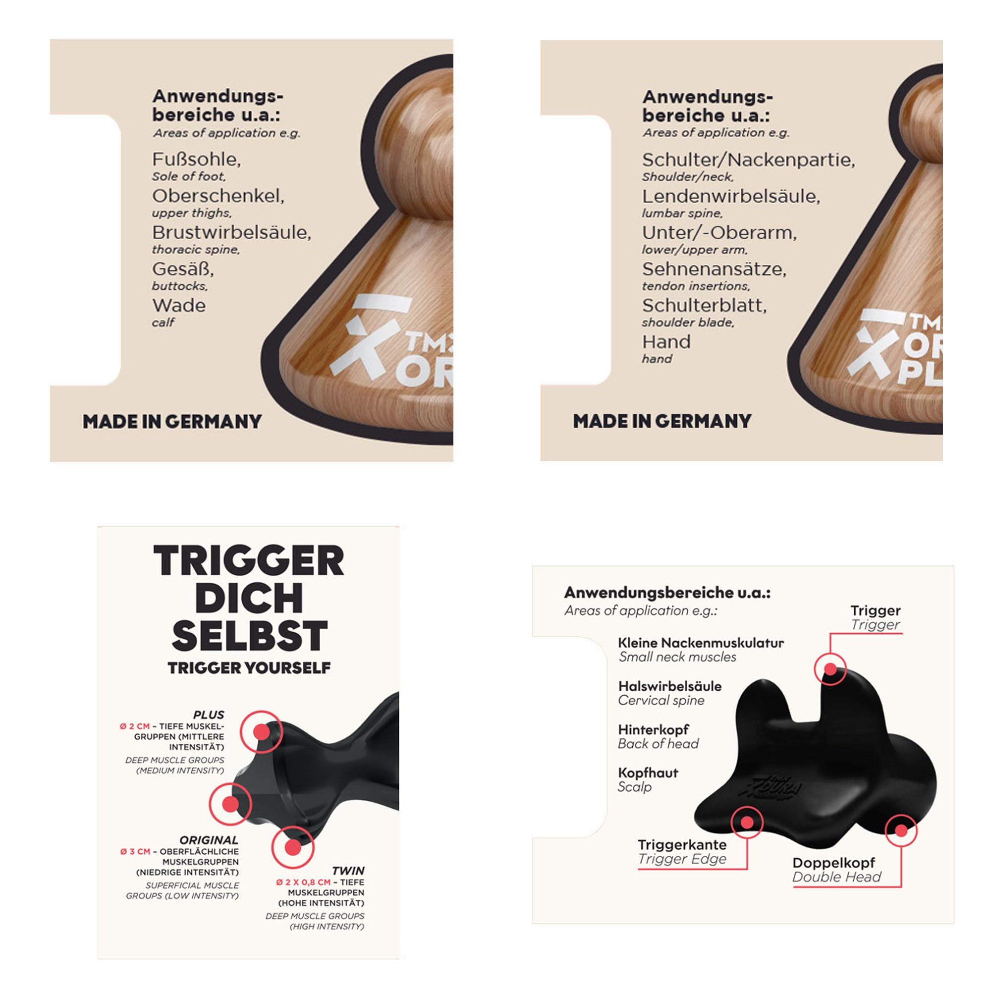 TMX® Rücken-Bundle | Massage-Set | Akupressur gegen muskuläre Rückenschmerzen | Schmerzpunktmassage | Triggerpunktdrücker | Triggerpoint-Massage | 4 Trigger-Tools in einem Set