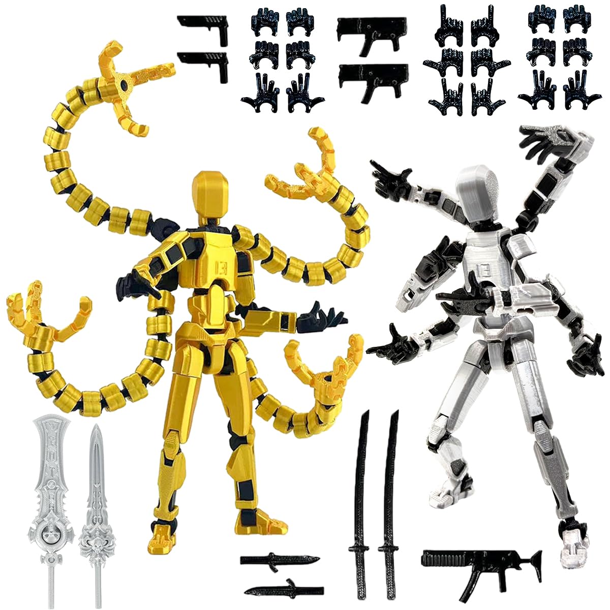 SANSGOUP T13 Action Figure Set (Assembly Completed), 3D Printed Multi-Jointed Movable Titan 13 Lucky Dummy 13 Mobile Robot, Nova 13 Action Figures Desktop Decorations for Game Lovers Toy Gold Sliver
