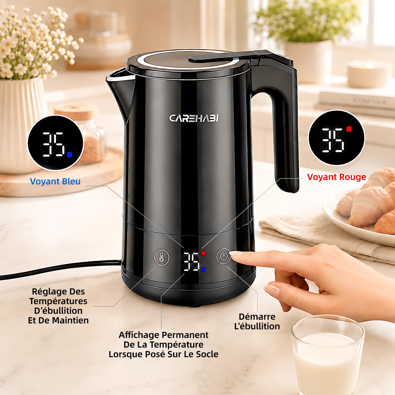 Carehabi Bouilloire Électrique 1,7L 2200W Maintien au Chaud 12H Sans BPA
