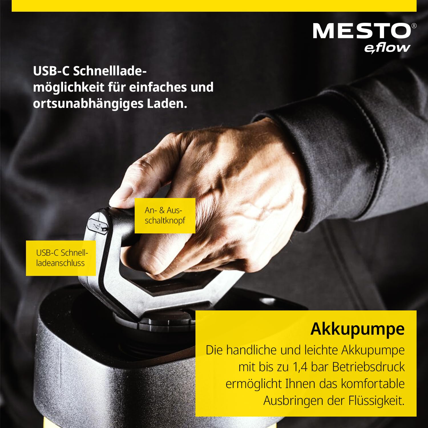 Mesto e.flow e.Flori Akku-Drucksprühgerät 5L | Akku Drucksprüher 1,4 bar | Akku Sprühgerät | Pumsprühflasche für Haus & Garten | Drucksprüher elektrisch | Pflanzensprüher | Gartenspritze & Unkrautspri