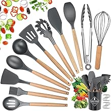 Kitchen Utensils Set, hicoosee 22 Pieces BPA-Free Silicone Kitchen Ladles with Wooden Handle Non-Stick Kitchen Cooking Tool Heat Resistant with 10 S Hooks, Grey 01