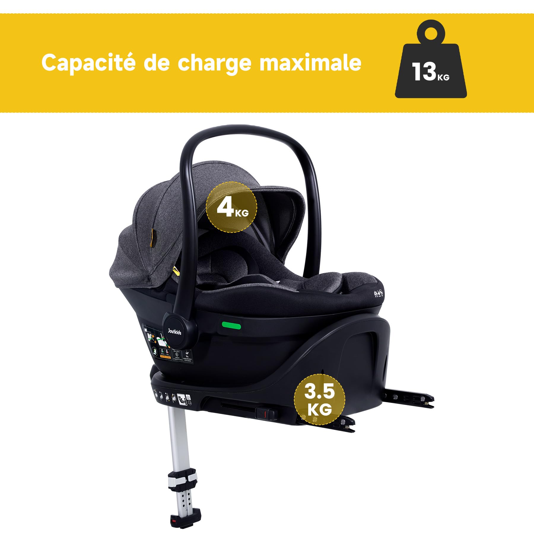 Jovikids Siege Auto avec Base, ECE R129 i-Size, 0-18 Mois, ISOFIX, Appui-tête Réglable en 9 Positions, Porte-Bébé de voyage Groupe 0/0+, 40-87 cm, Léger, Siège Auto pour Nouveau-né (Noir)