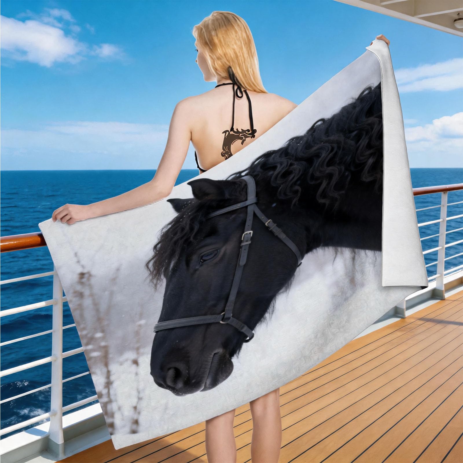 Hongduo Microfiber Quick Dry Beach Towel Friesian Horse, 3D Snow Ground Beach Towels Absorbent Fast Drying Bath Towels, Travel Camping Gym Swimming Bathroom (100x200cm)