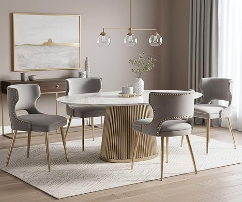 Miniatura 25 de Juego de 4 sillas de comedor de terciopelo beige con patas doradas, juego de 4 sillas de comedor modernas de mediados de siglo con respaldo de