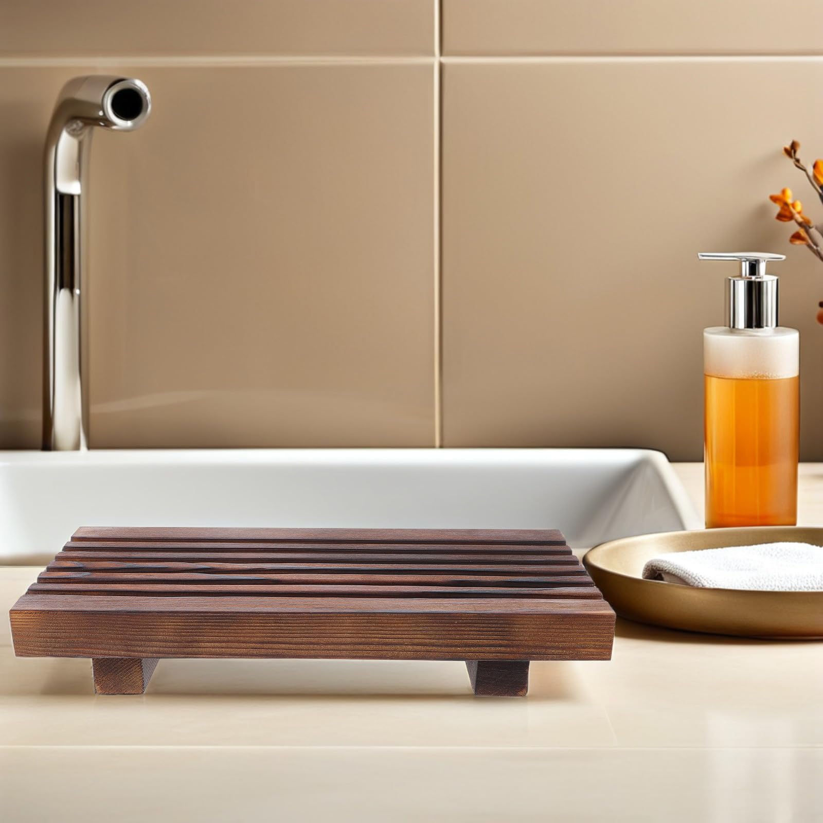 Badezimmer Tablett für Waschbecken, Rustikal, Kaffeefarben