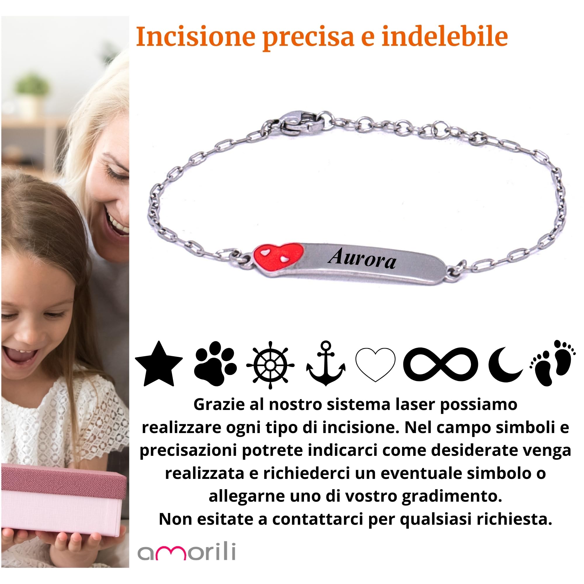 amorili Bracciale Bambina Personalizzato con Nome - Cuore in Acciaio Inox Anallergico - Regalo Bimba per Compleanno, Battesimo, Comunione - Gioiello con Incisione Gratuita bcc3111