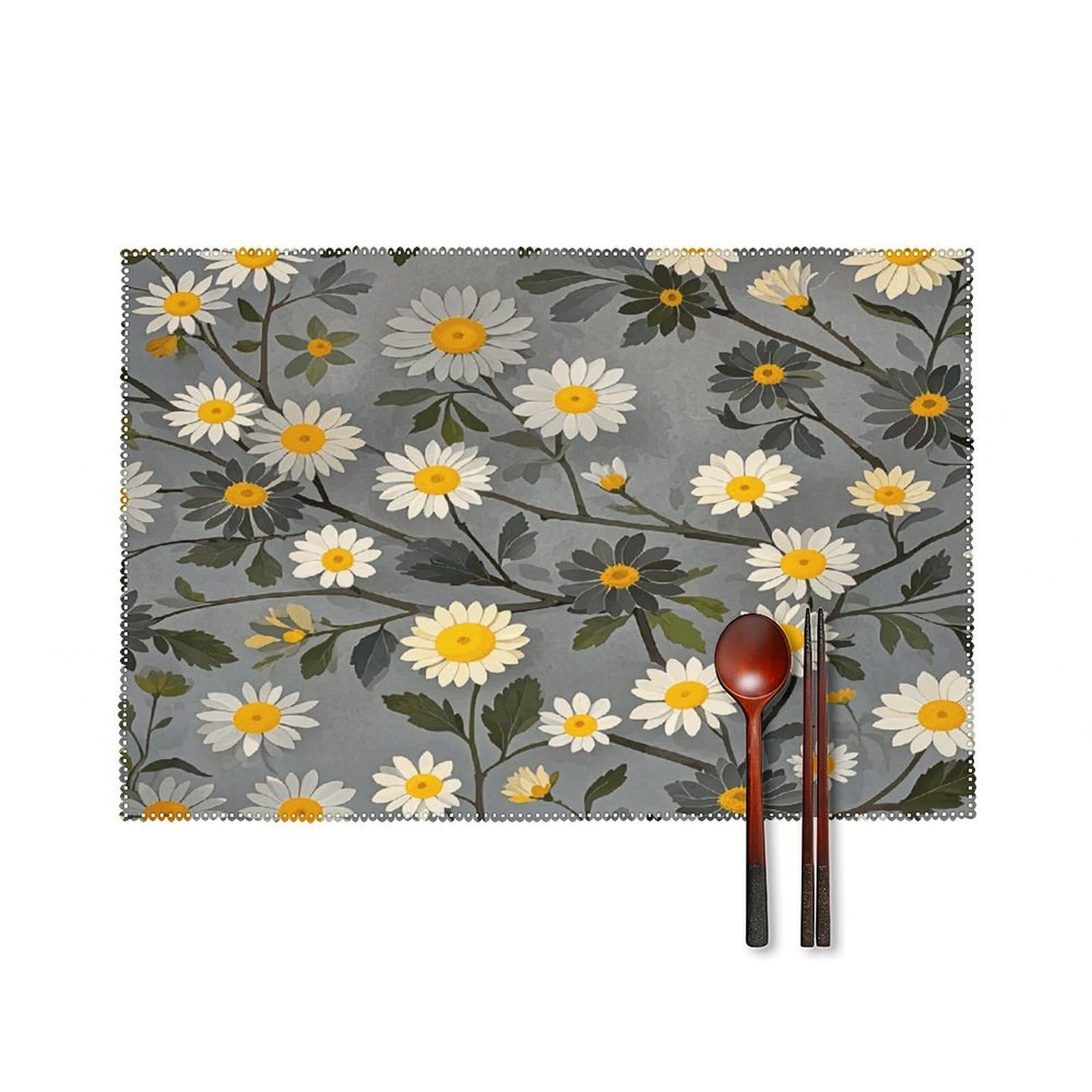 Lot de 6 sets de table antidérapants motif floral jaune et blanc lavables