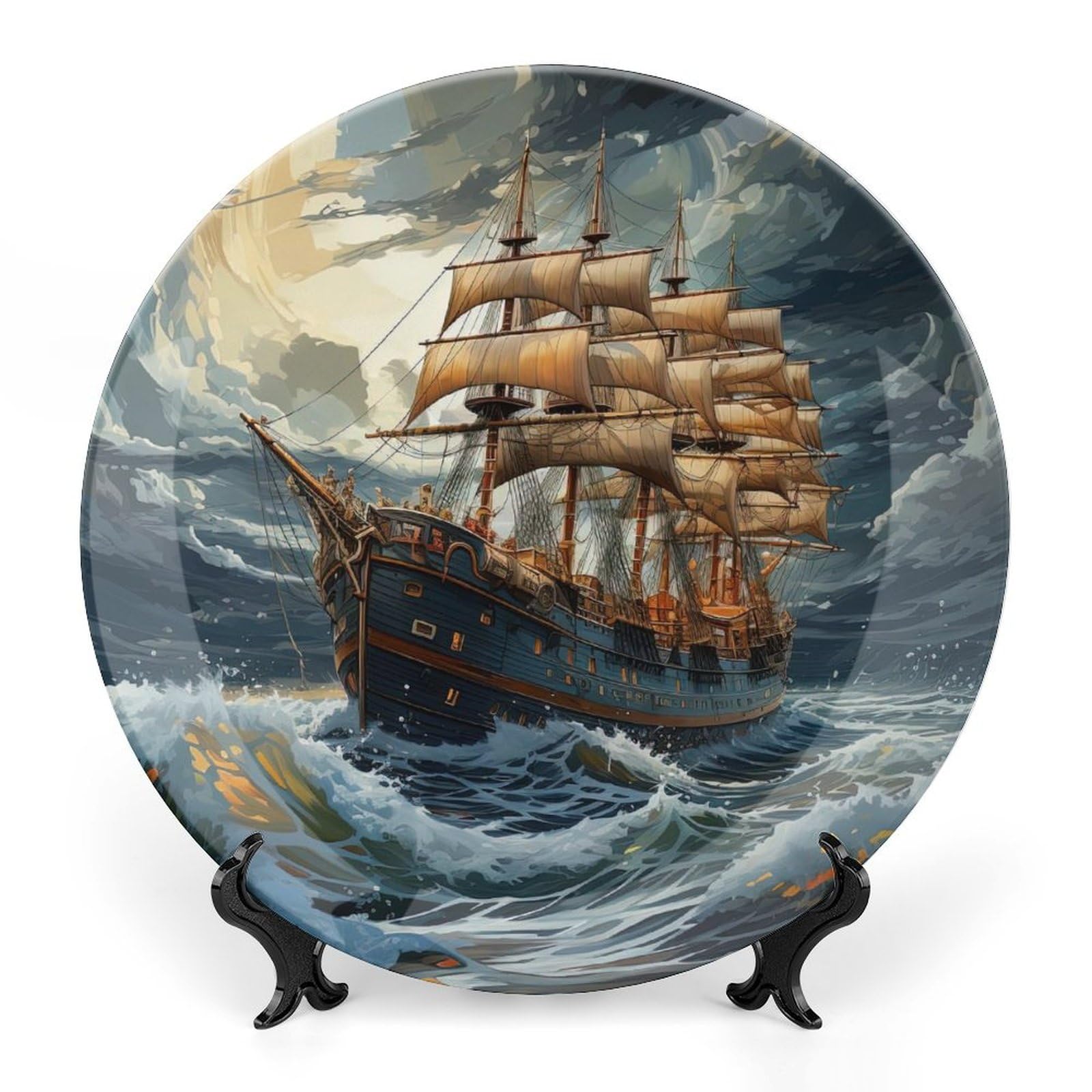 BHTLARNGY Vintage Sailing Boat Ceramic Decorative Plate, Ocean Ship Decorative Dish with Stand, Nautical Bone China Decorative Plates Art Porcelain Plate for Living Room Hallway Table Decor